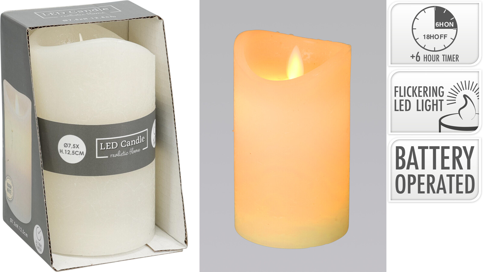 LED Kerze 7,5x12,5cm - timer, batteriebetrieb, gold