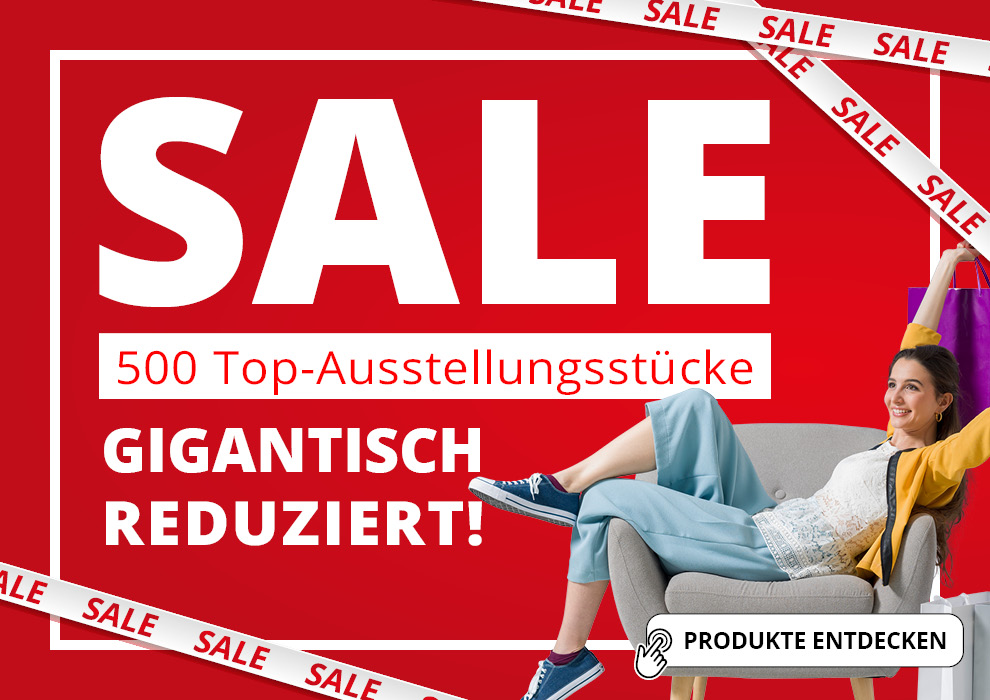Sale • 500 Top-Ausstellungsstücke gigantisch reduziert • Schrift auf weißem Grund, ein weißes Banner mit der Schrift Sale und eine Frau auf einem Sessel mit Einkaufstüten • Meyerhoff Sale • 500 Top-Ausstellungsstücke gigantisch reduziert • Schrift auf weißem Grund, ein weißes Banner mit der Schrift Sale und eine Frau auf einem Sessel mit Einkaufstüten • Meyerhoff