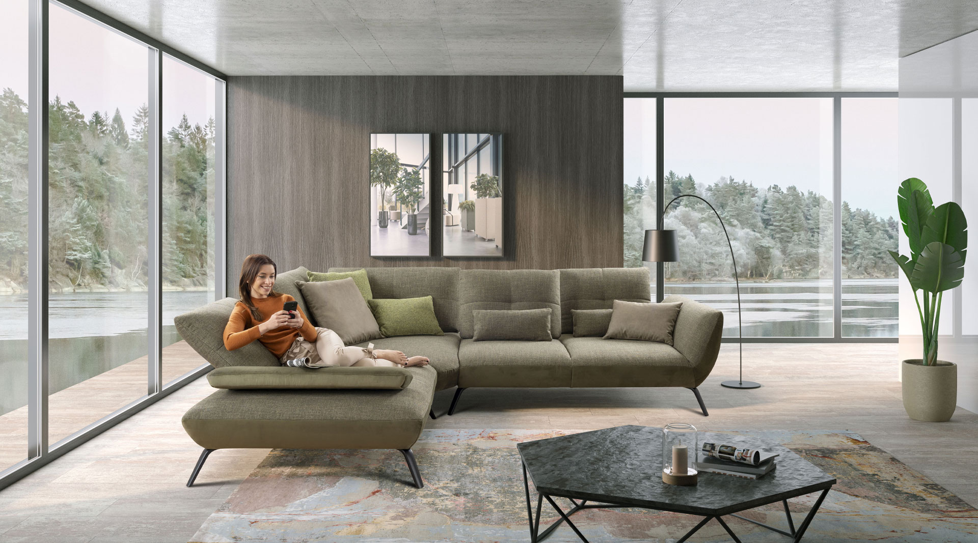 Ecksofa, Stoff olive - LS 700821