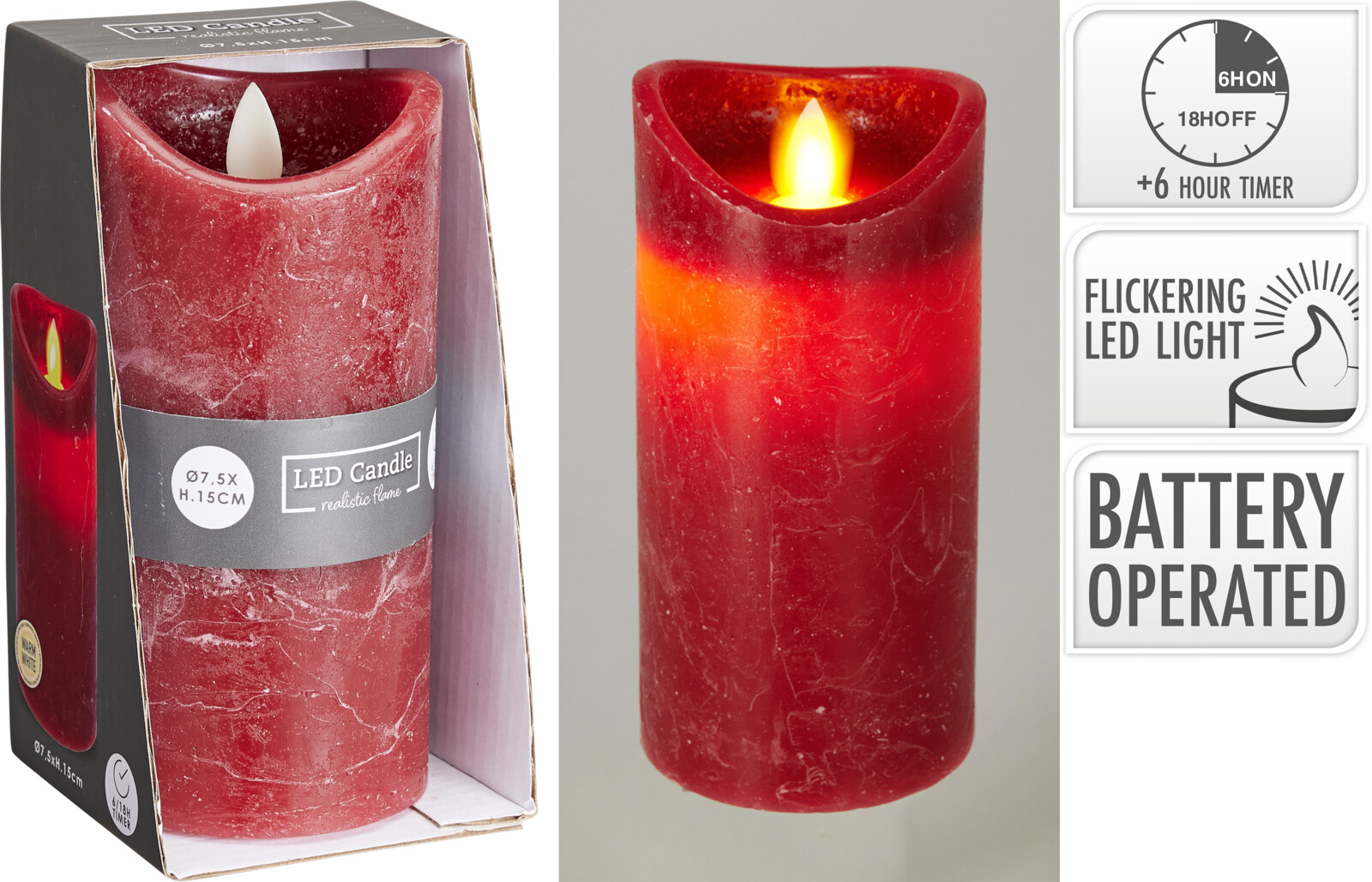 LED Kerze 7,5x15cm - timer, batteriebetrieb, rot