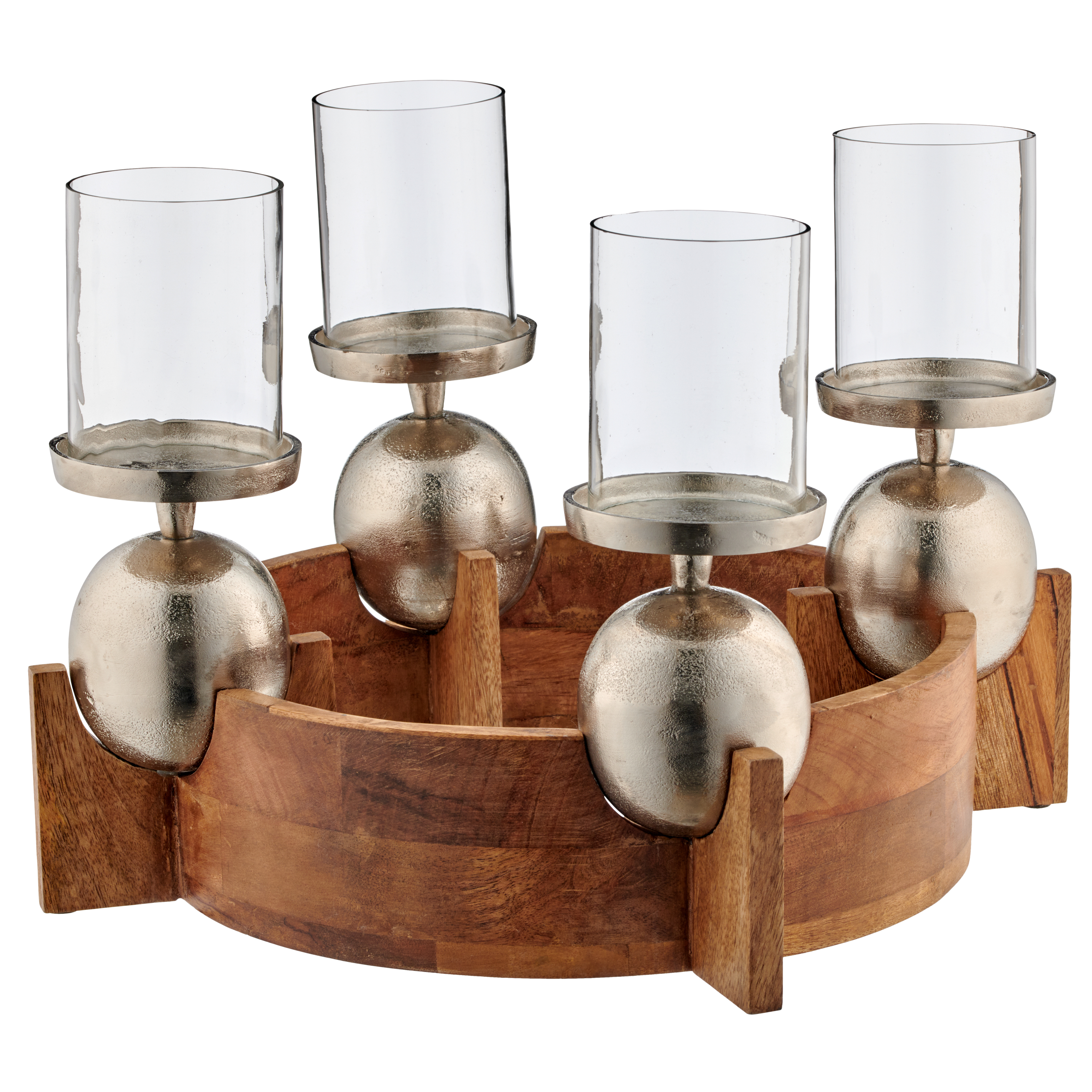 Kerzenständer Kranz,  4-Flg. - alu/holz natur, glasaufsatz, 32x27cm