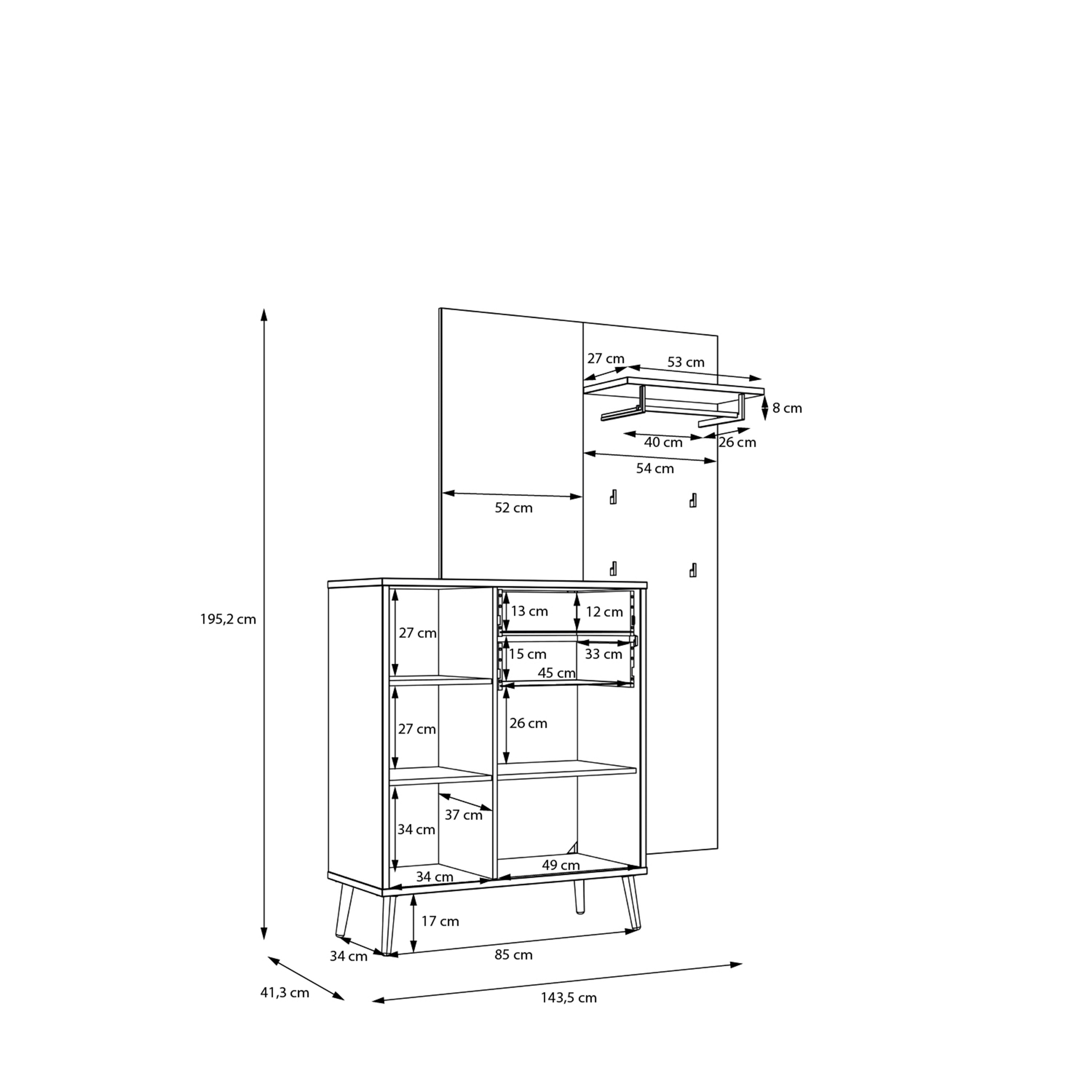 Garderobe, Eiche Dekor, Front graugrün - Firell