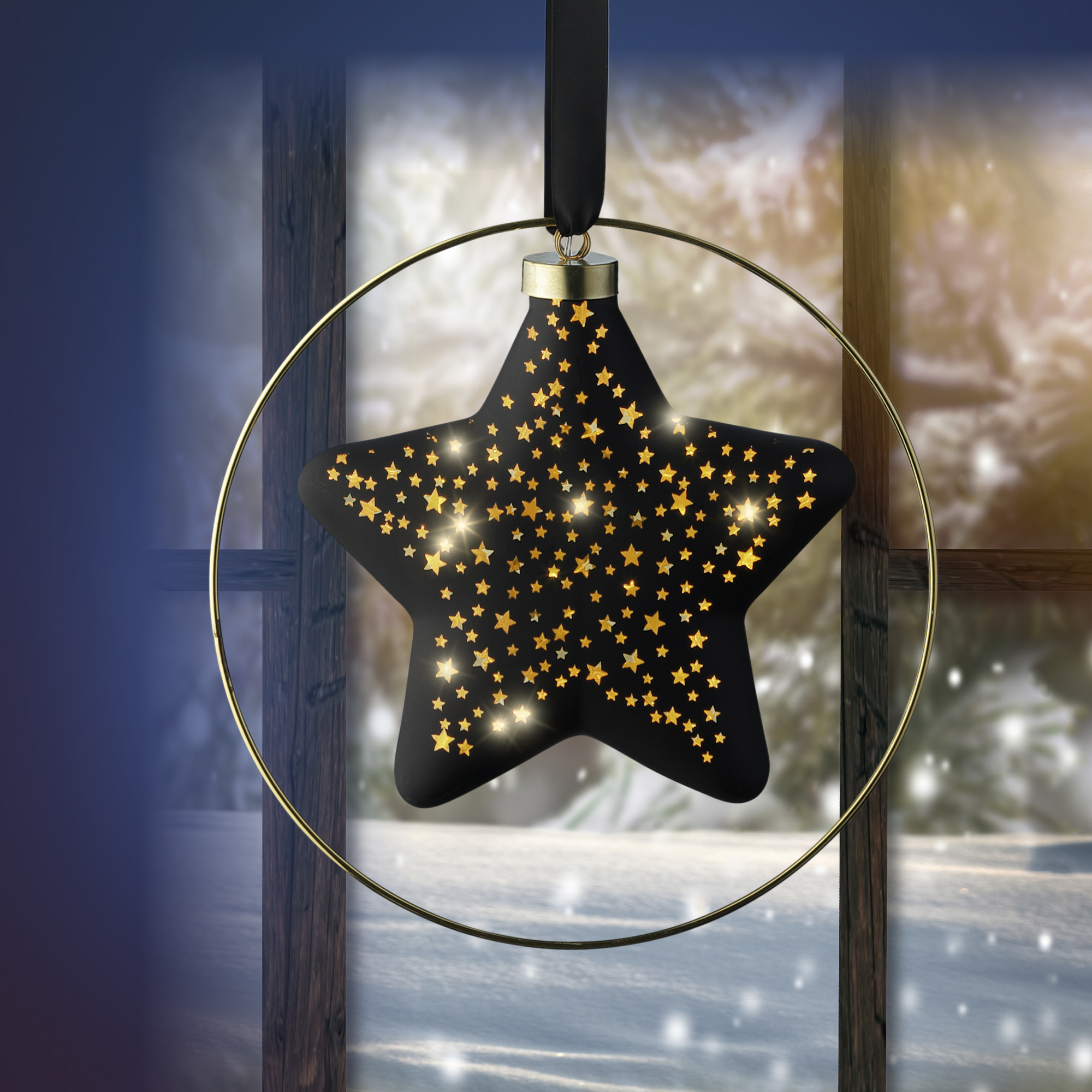 LED Stern - schwarz/warmes weiss, Glas, L6.5-W26-H26cm-15L