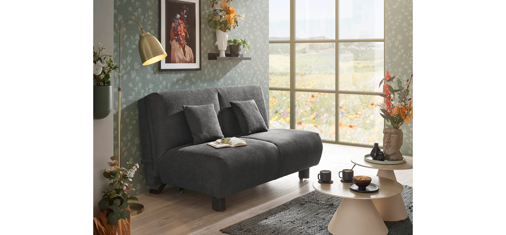  Faltsofa EBBY - 2-Sitzer ohne Armlehne, 140 cm inkl. Schlaffunktion, Stoff, Dunkelgrau