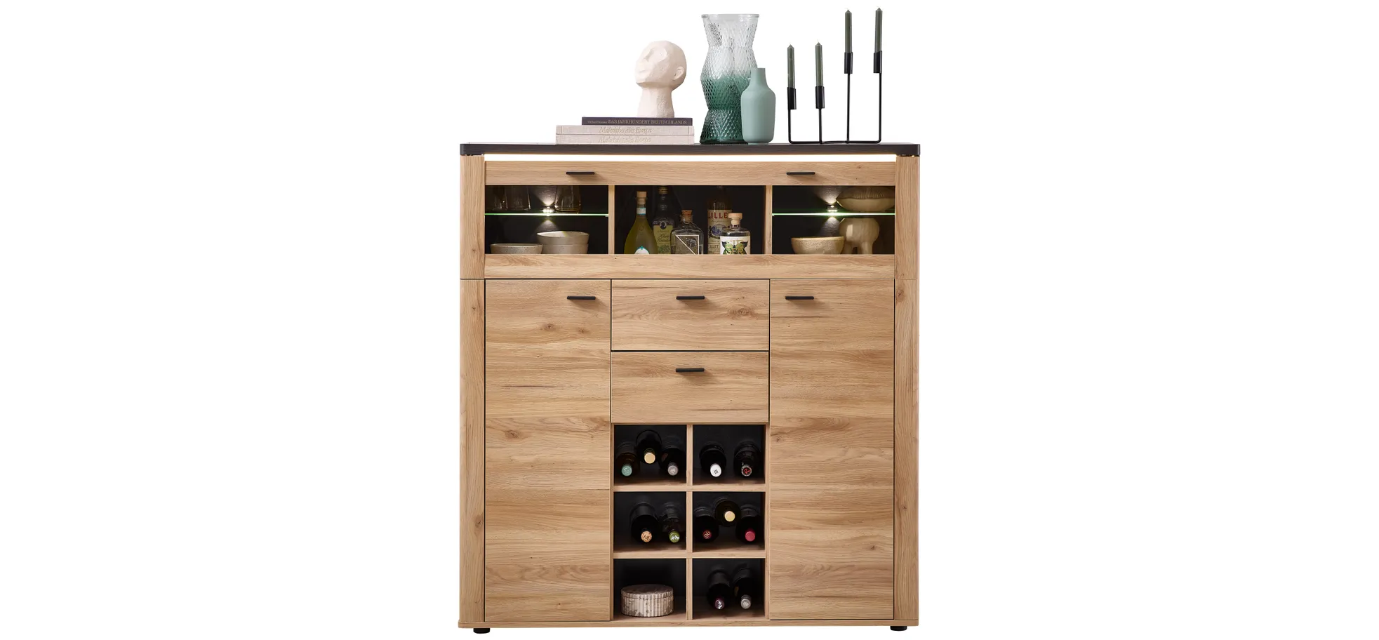 Highboard - mit Beleuchtung, B ca. 128 cm, Eiche Nachbildung, Eiche dunkel Nachbildung