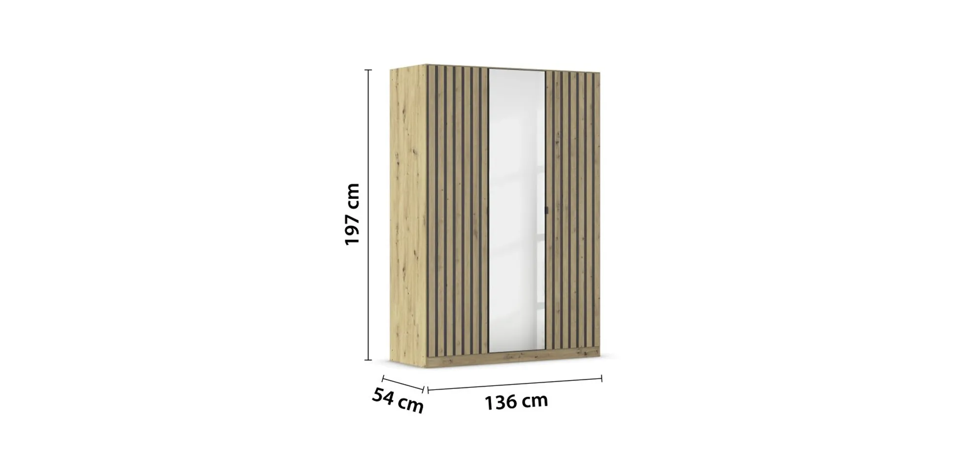 Drehtürenschrank RUERTO- B ca. 136 cm, Eiche Dekor, Dunkelgrau, Paneel, Eiche Dekor, Spiegel