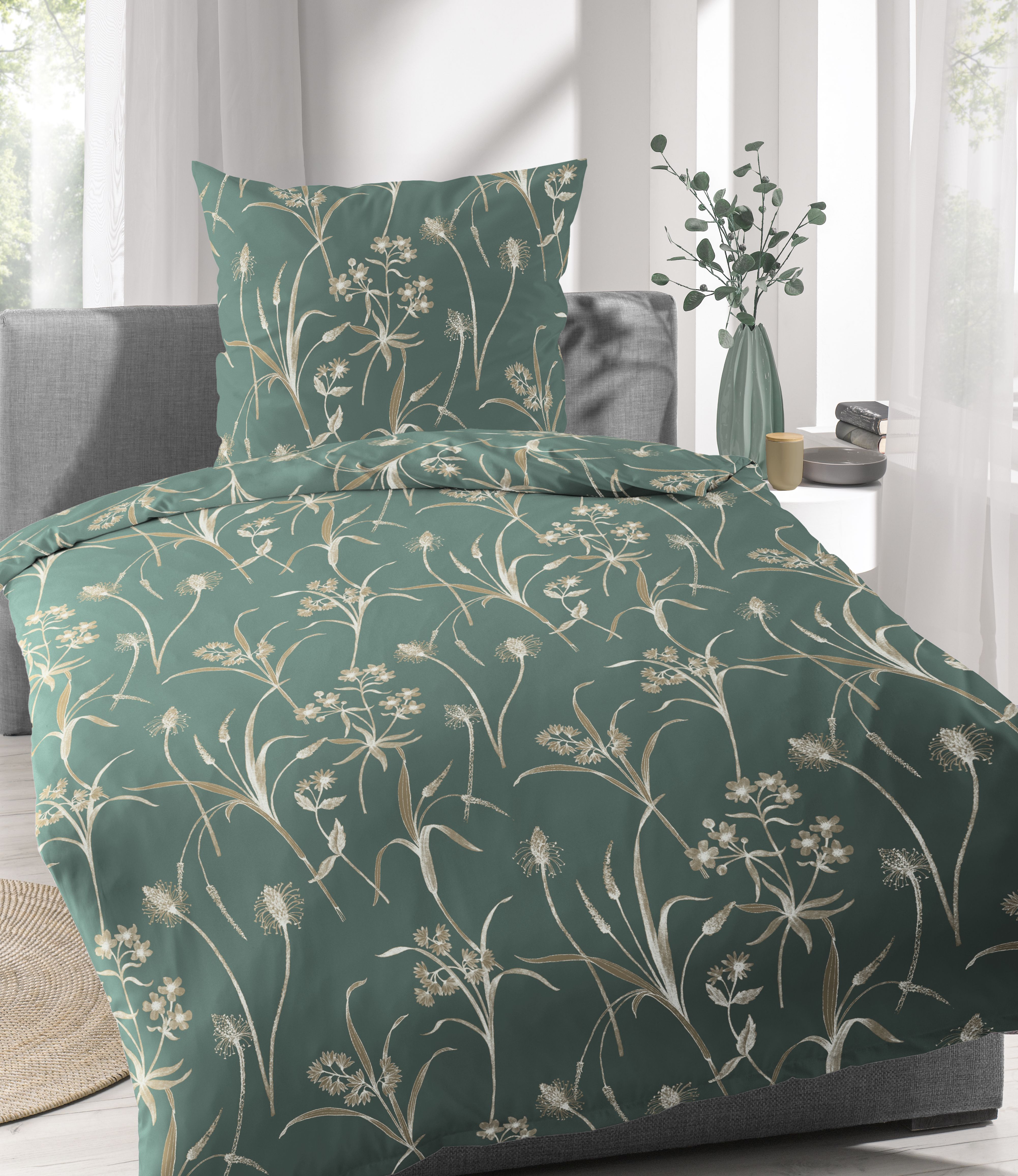 Mako-Satin-Bettwäsche, 155x220cm - CASEA Sevillas, petrol, floral