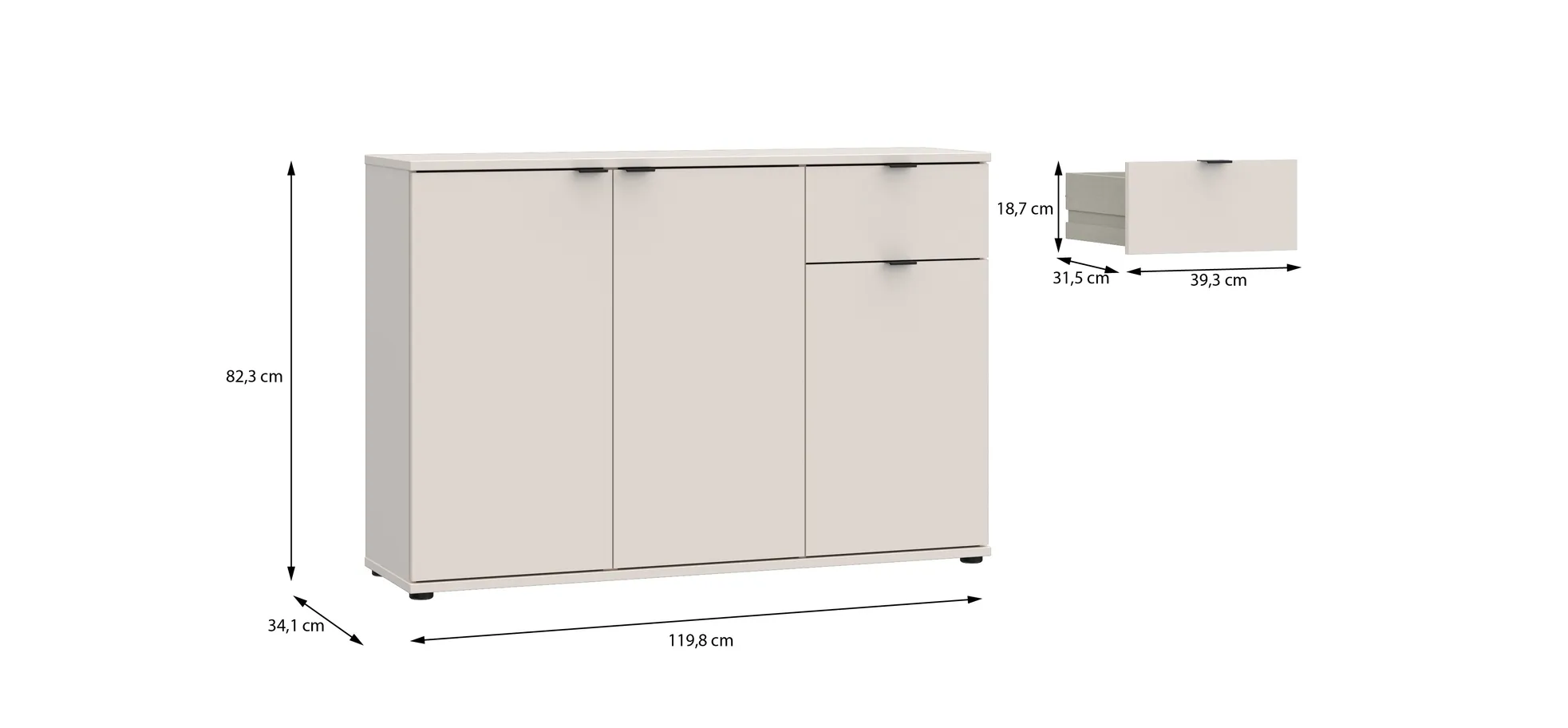 Kommode, Sand, 3 Türen, 1 Schub - Finella