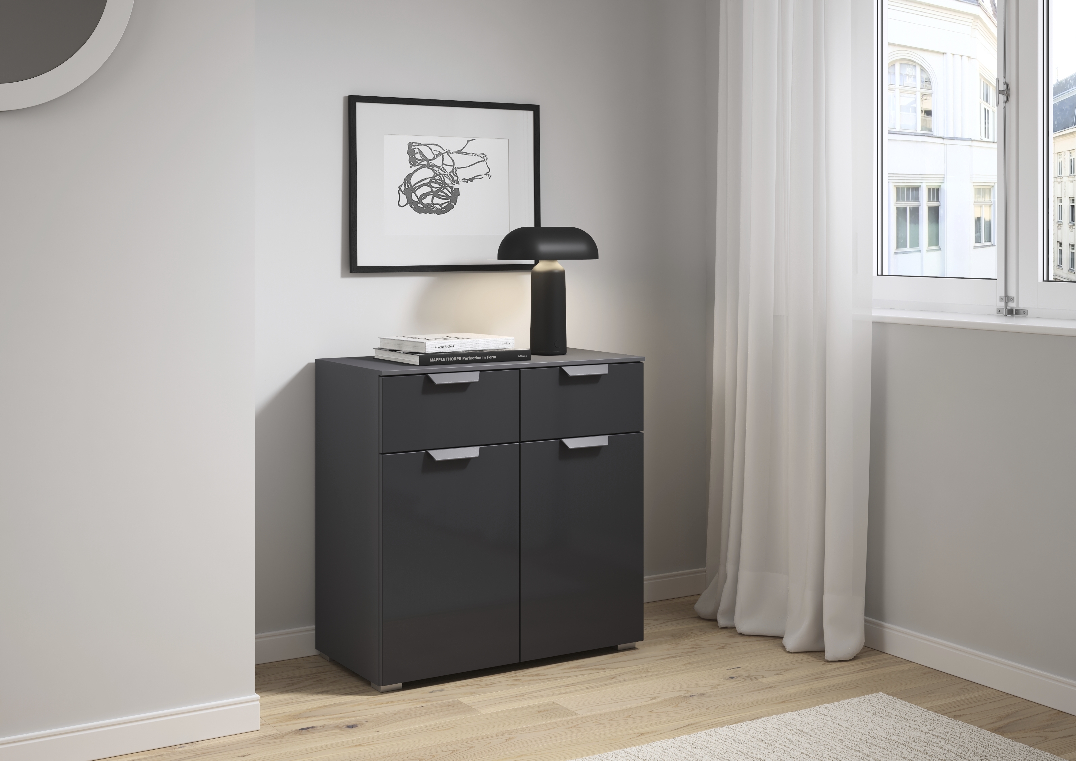 Kommode, Front Glas basalt, Korpus grau - MyStyle 5002