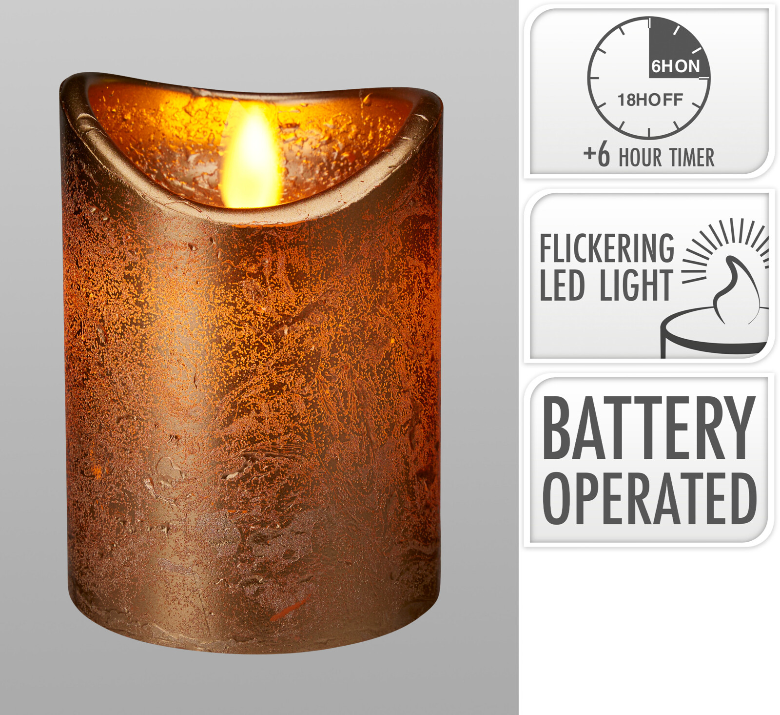 LED Kerze 7,5x10cm - timer, batteriebetrieb, gold/Braun