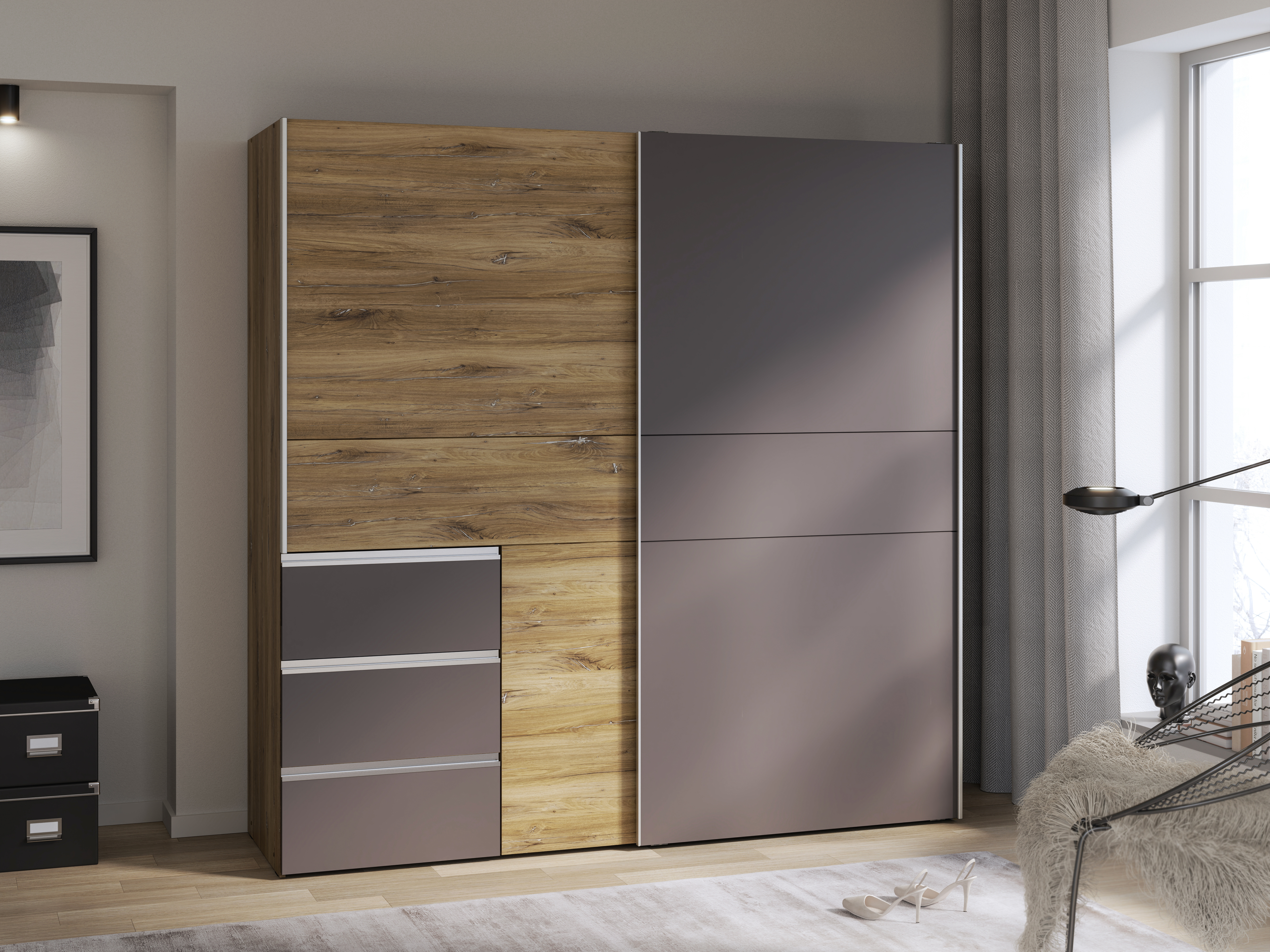 Schwebetürenschrank, Artisan Eiche, dunkelgrau - Fjolla