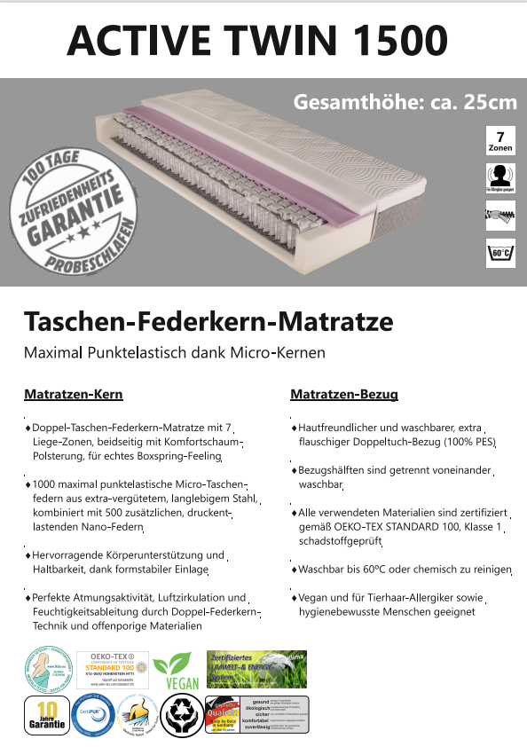 Doppel-Taschen-Federkern-Matratze 100x200 - MyStyle 3010