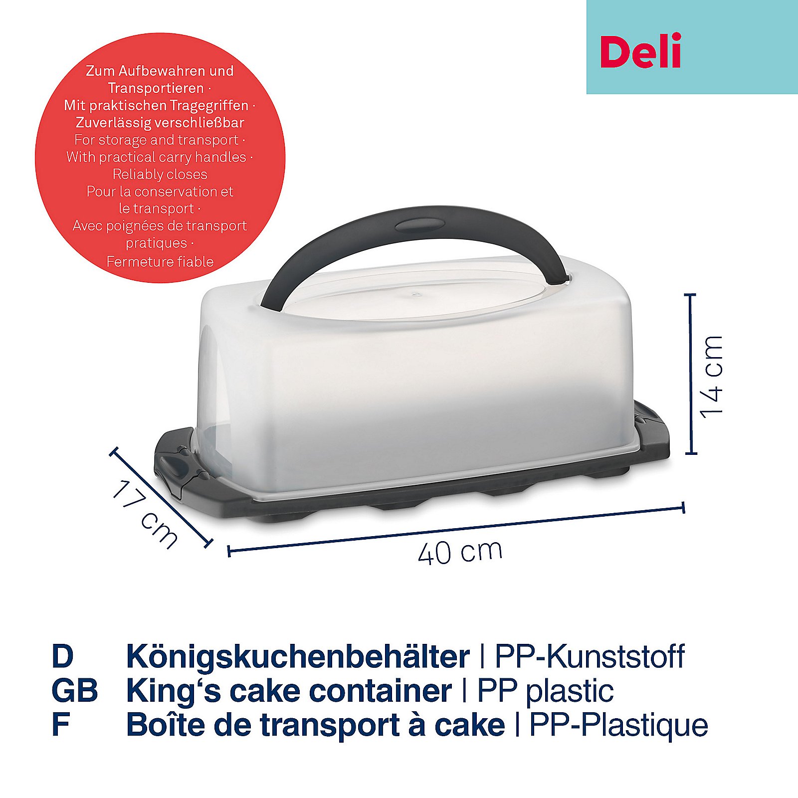 Königskuchenbehälter Deli 17x14,5x40 cm - PP-Kunststoff graphitgrau