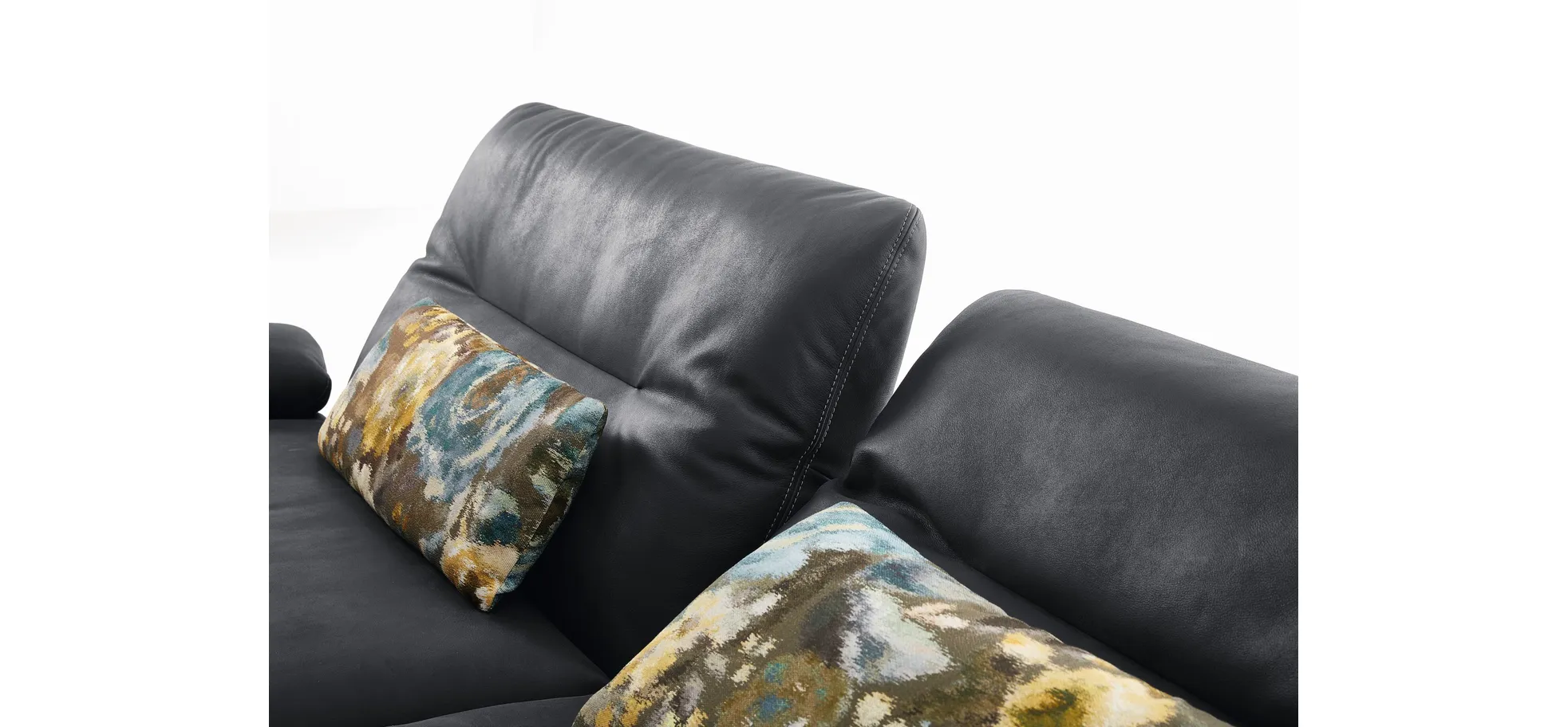 Ecksofa - 1-Sitzer mit Longchair rechts, Rücken/Armlehne/Sitztiefe verstellbar, Leder, Schwarz