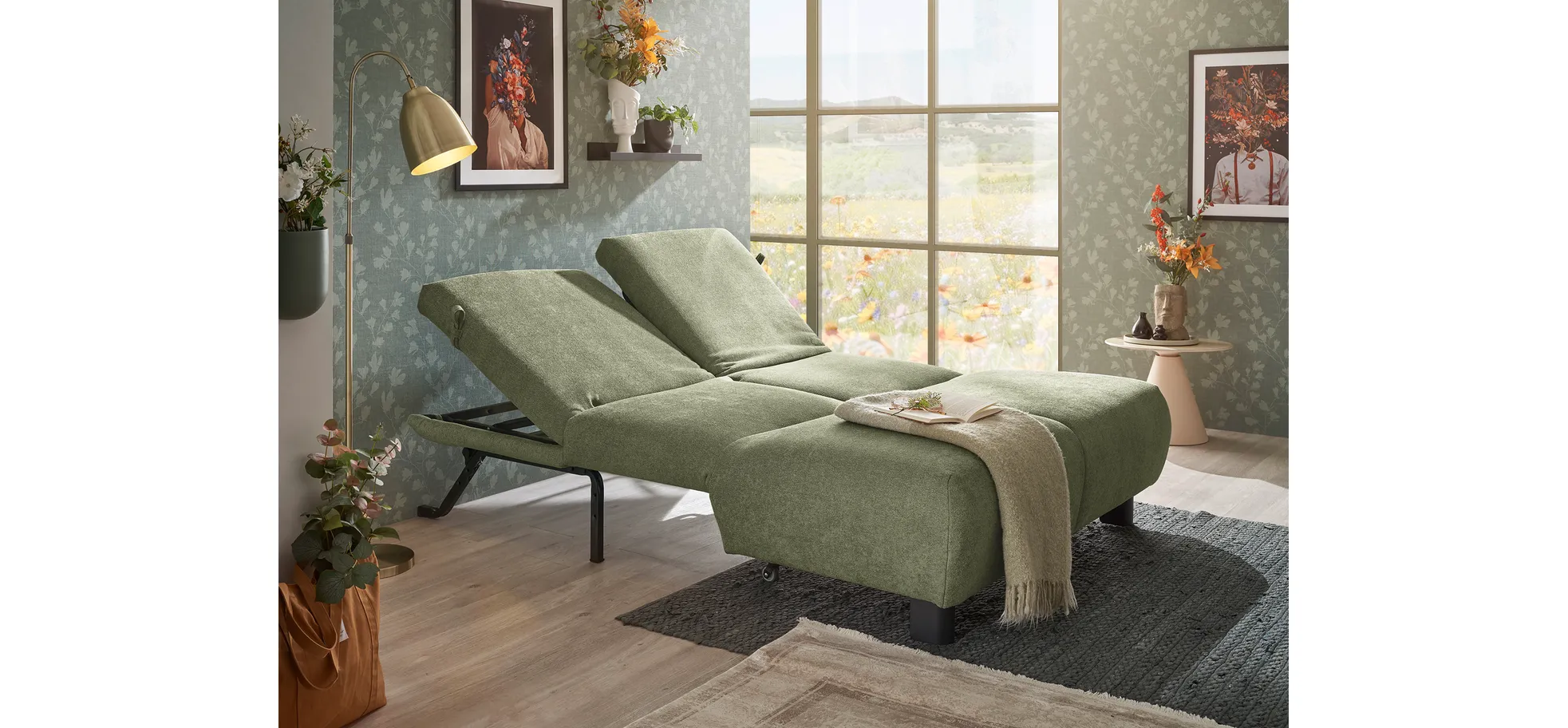  Faltsofa EBBY - 2-Sitzer ohne Armlehne, 140 cm inkl. Schlaffunktion/Relaxfunktion, Stoff, Grün
