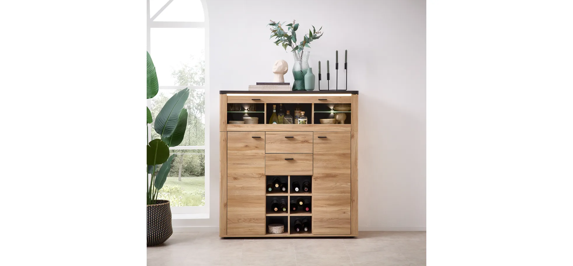 Highboard - mit Beleuchtung, B ca. 128 cm, Eiche Nachbildung, Eiche dunkel Nachbildung