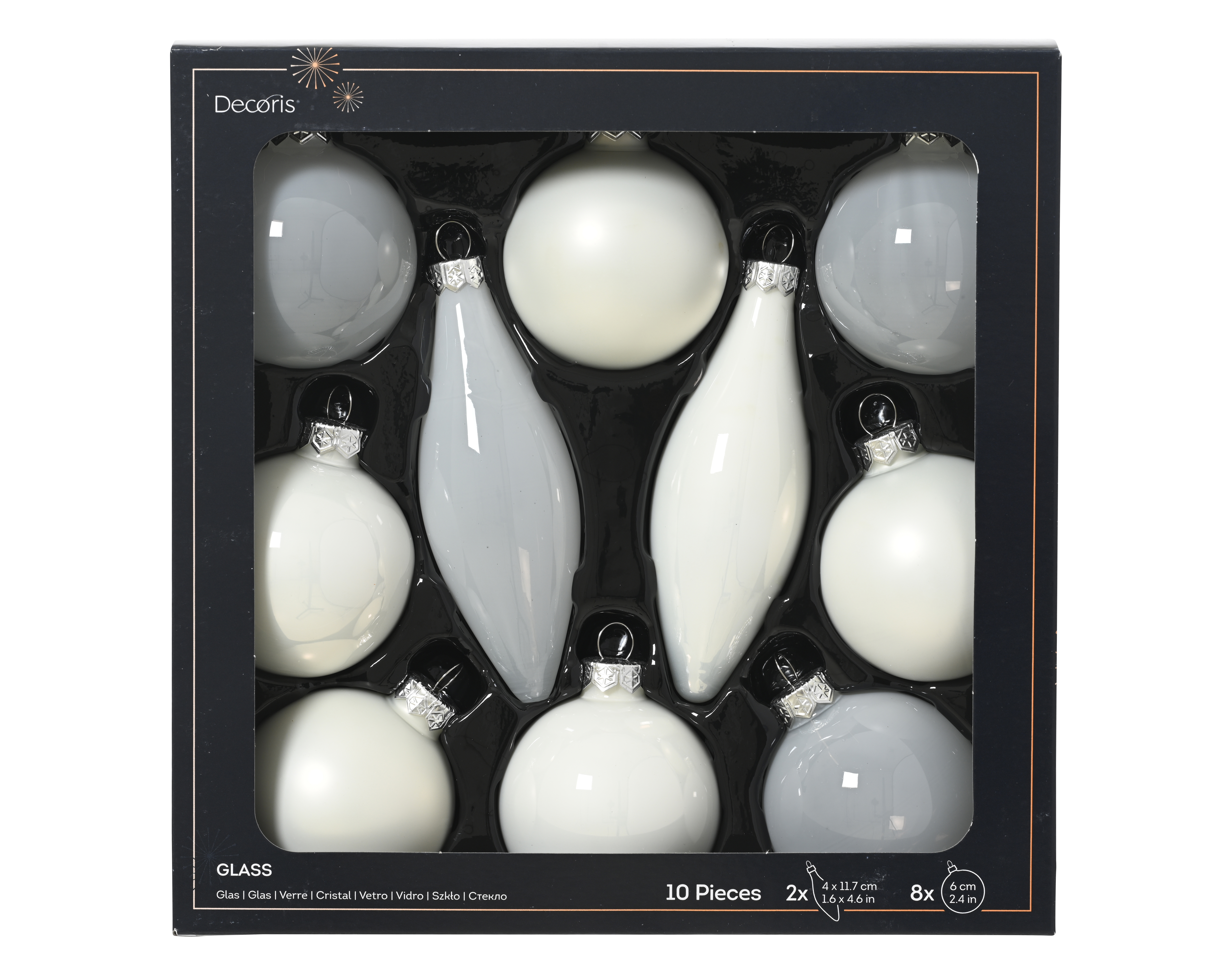 Kugelset 10-er - winterweiss, Glas, Ø6cm