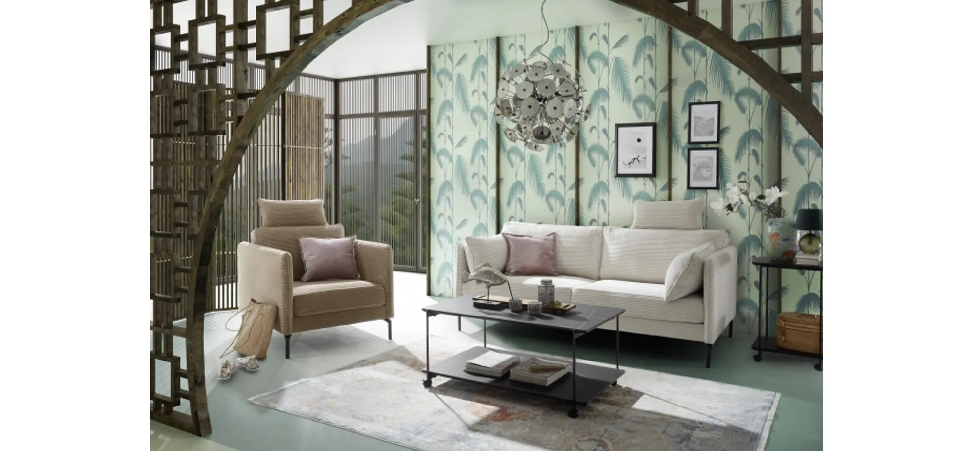 Sofa. Stoff cream, inklusive Kissen - HELWI