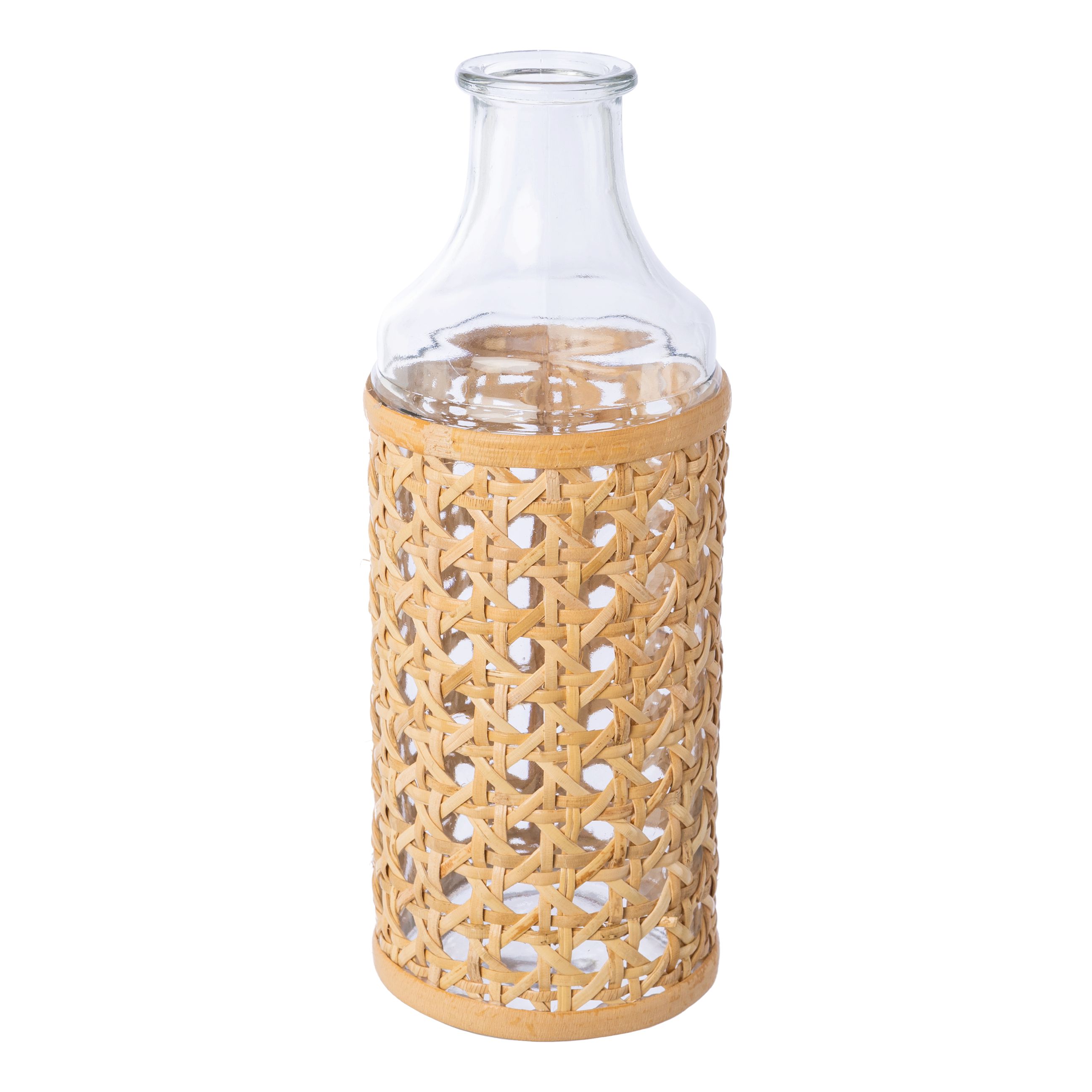 Deko Flasche - Glas Flasche m.Rattanumzug, 19x7cm, natur