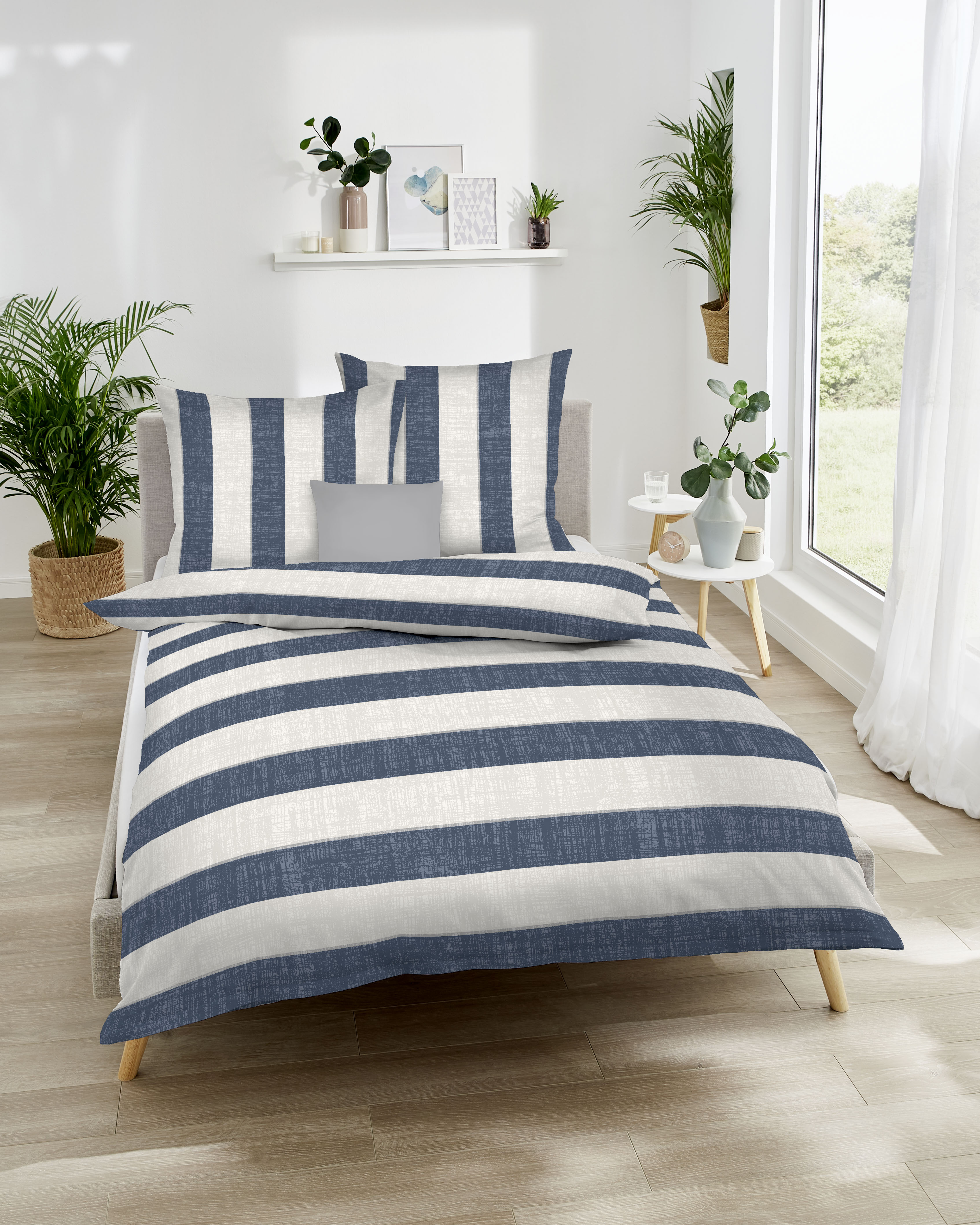 Feinbiber Bettwäsche College, 100 % Baumwolle - 155x220cm, marine/weiß/Streifen
