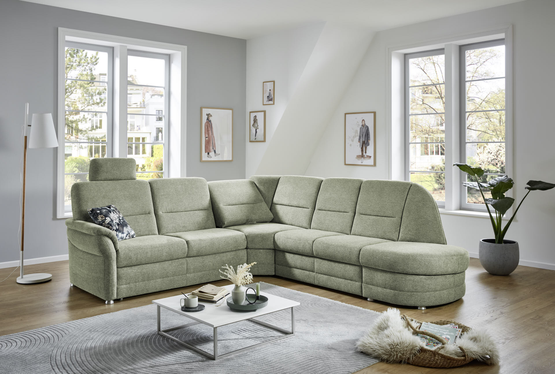 Ecksofa, Stoff grün, Rücken echt - LS404820 Q +