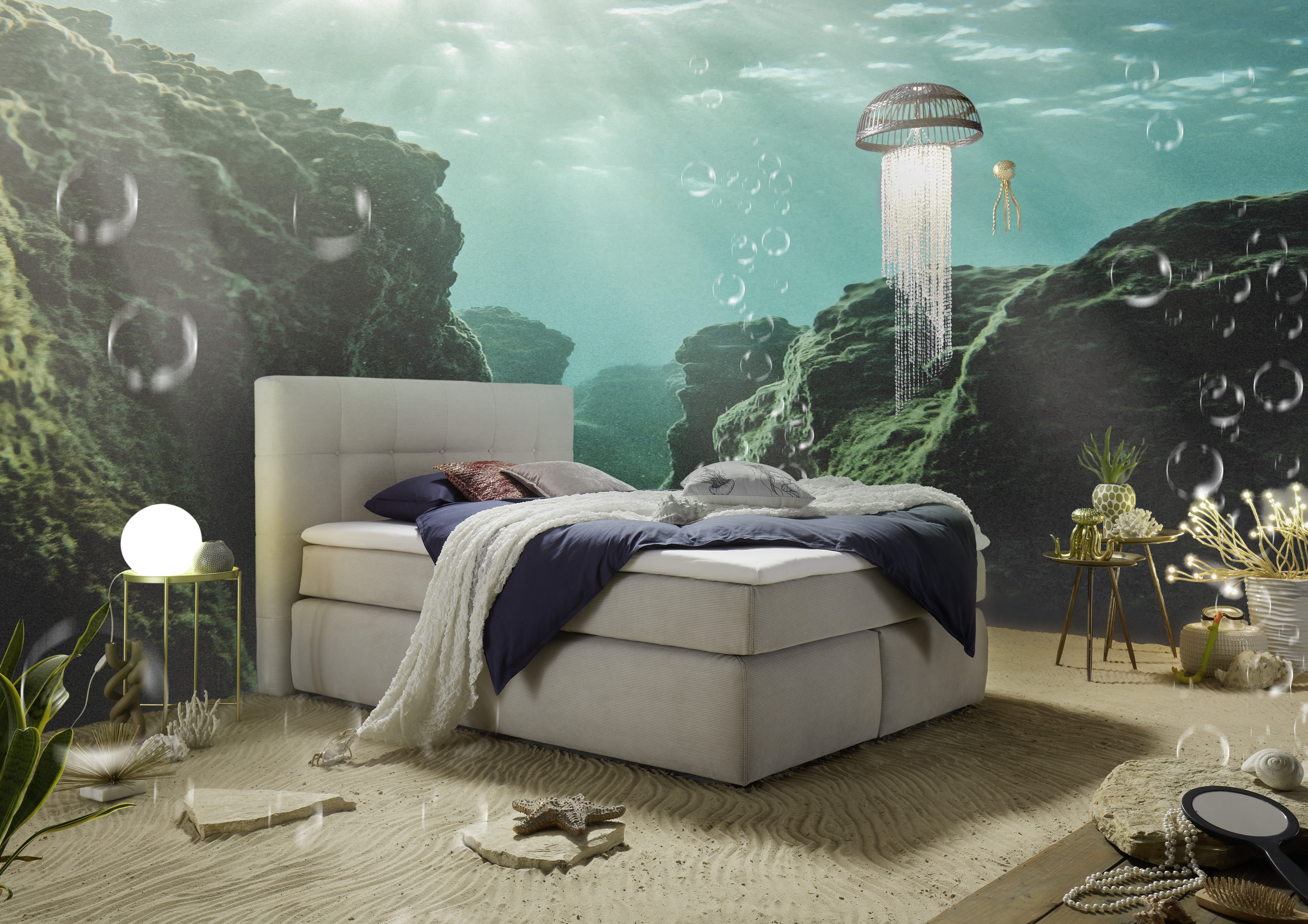 Boxspringbett, Feincord beige, - Janah