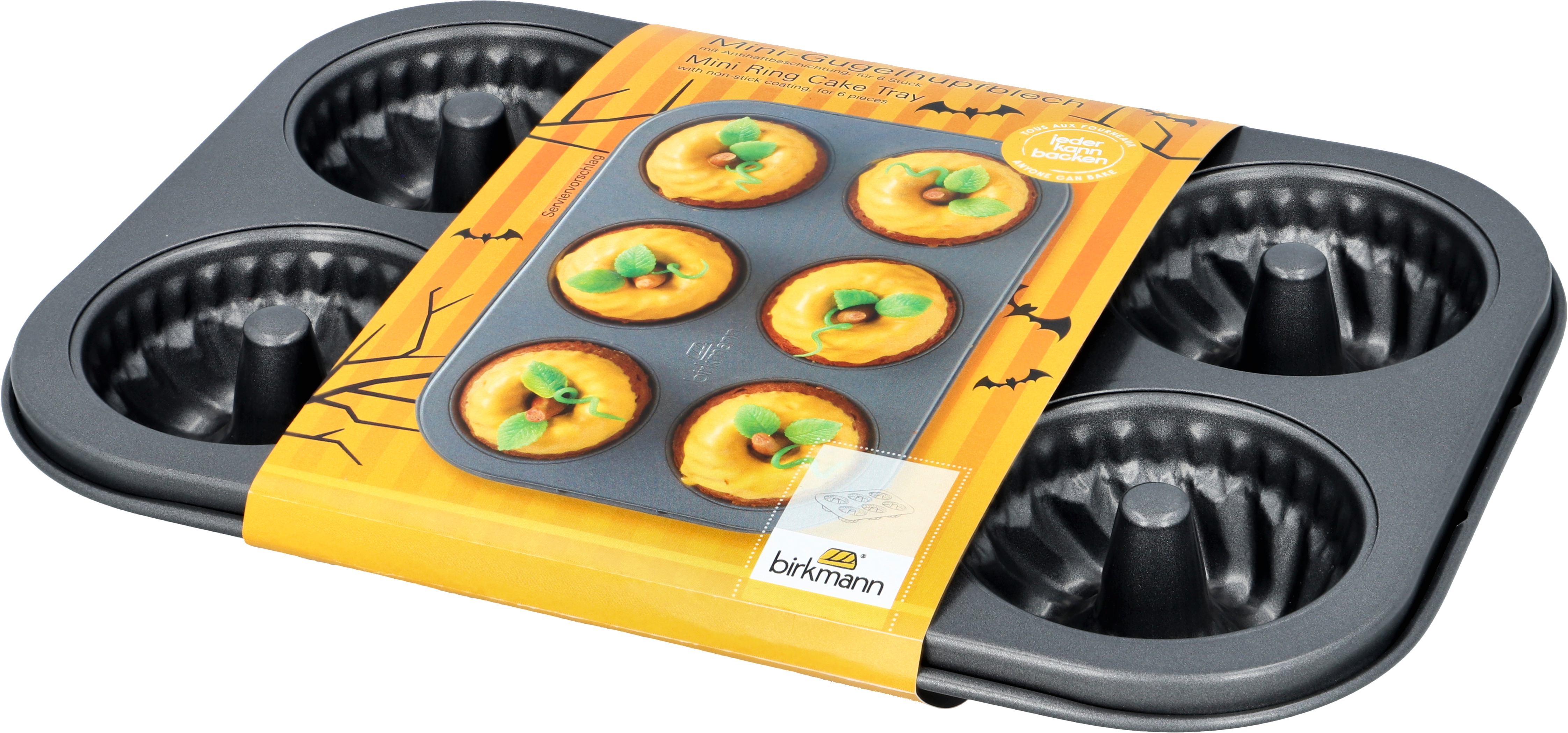 Mini-Gugelhupfblech Halloween - Ø 7 cm, 26,5 x 18,5 cm, Höhe 3 cm, für 6 Stück