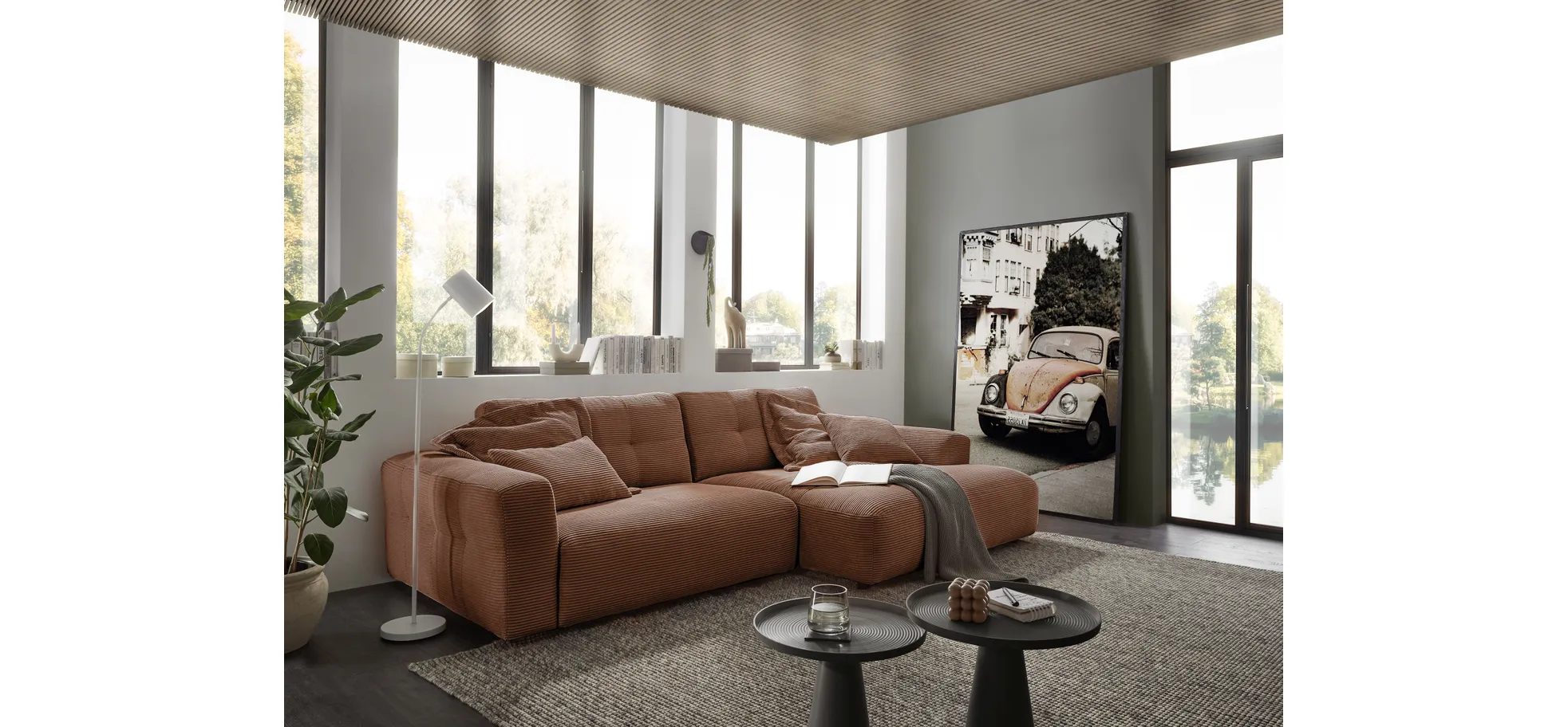 Ecksofa - 1,5-Sitzer mit Longchair rechts, Cord, Hellbraun