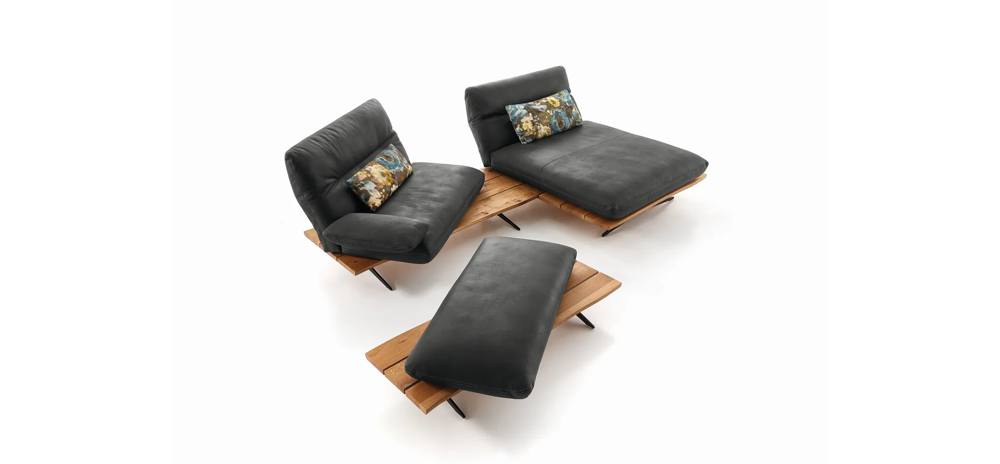 Ecksofa - 1-Sitzer mit Longchair rechts, Rücken/Armlehne/Sitztiefe verstellbar, Leder, Schwarz