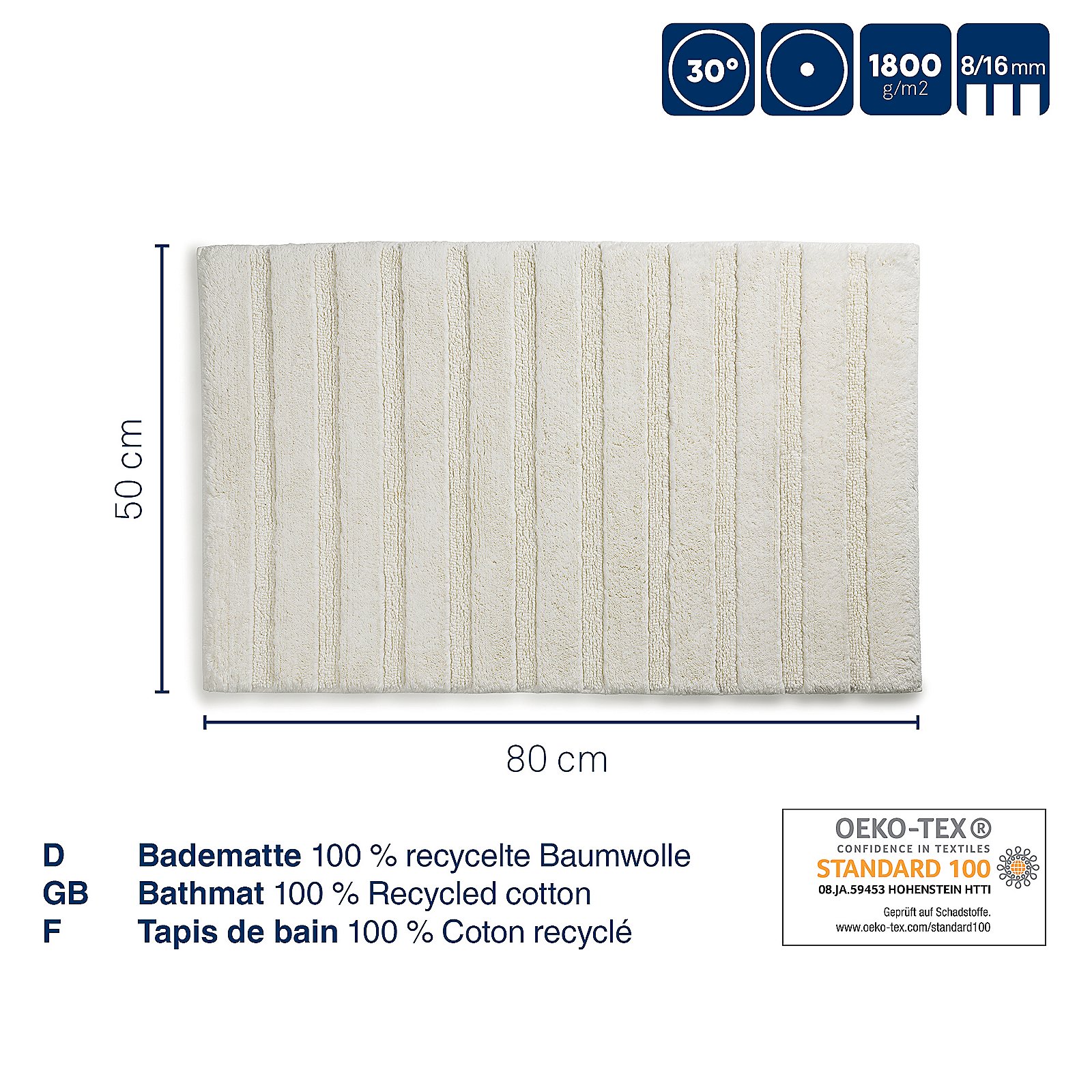 Badematte Megan 50x1,6x80 cm - 100%Baumwolle offwhite