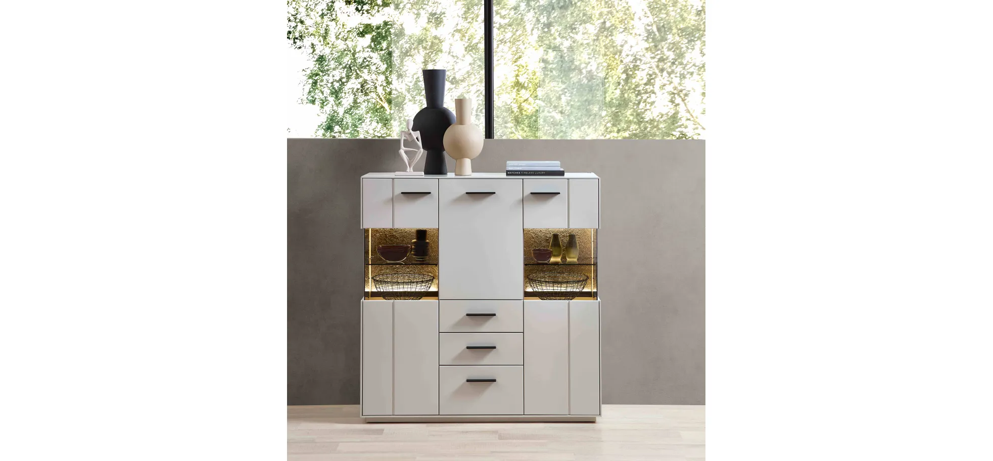 Highboard -  mit Beleuchtung, Creme Lack, Absetzung: Granit Steinfurnier