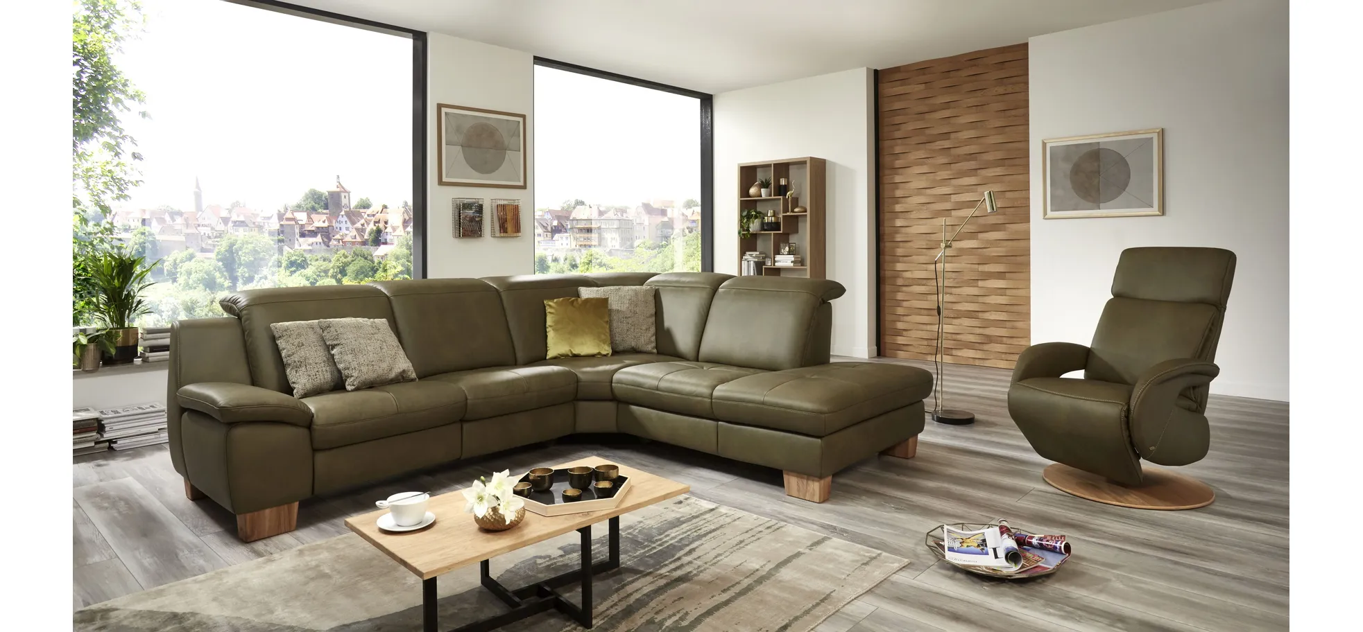 Ecksofa - 2-Sitzer mit Ecke rechts, Leder, Oliv