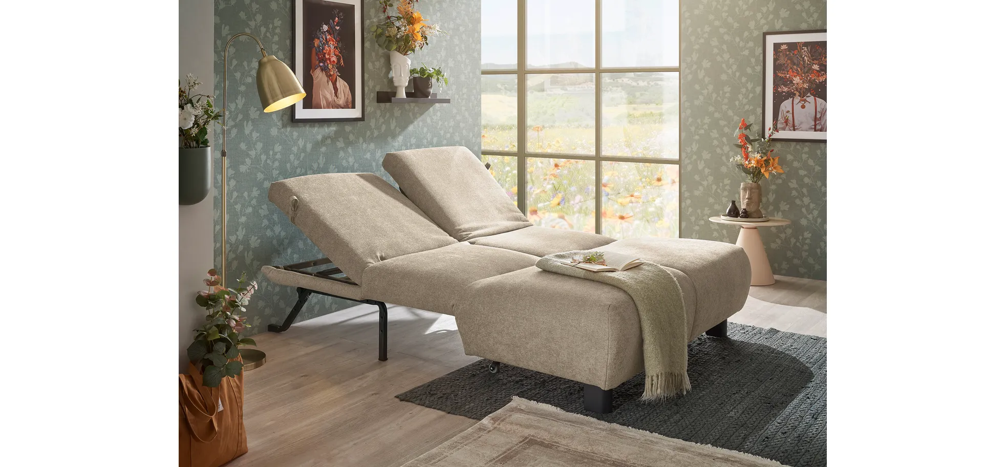  Faltsofa EBBY - 2-Sitzer ohne Armlehne, 140 cm inkl. Schlaffunktion/Relaxfunktion, Stoff, Taupe