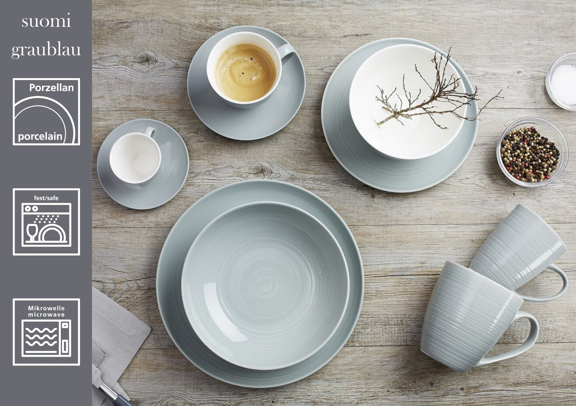 XXL-Henkelbecher Suomi Graublau 550 ml - Porzellan, spülmaschinenfest, konisch, blau