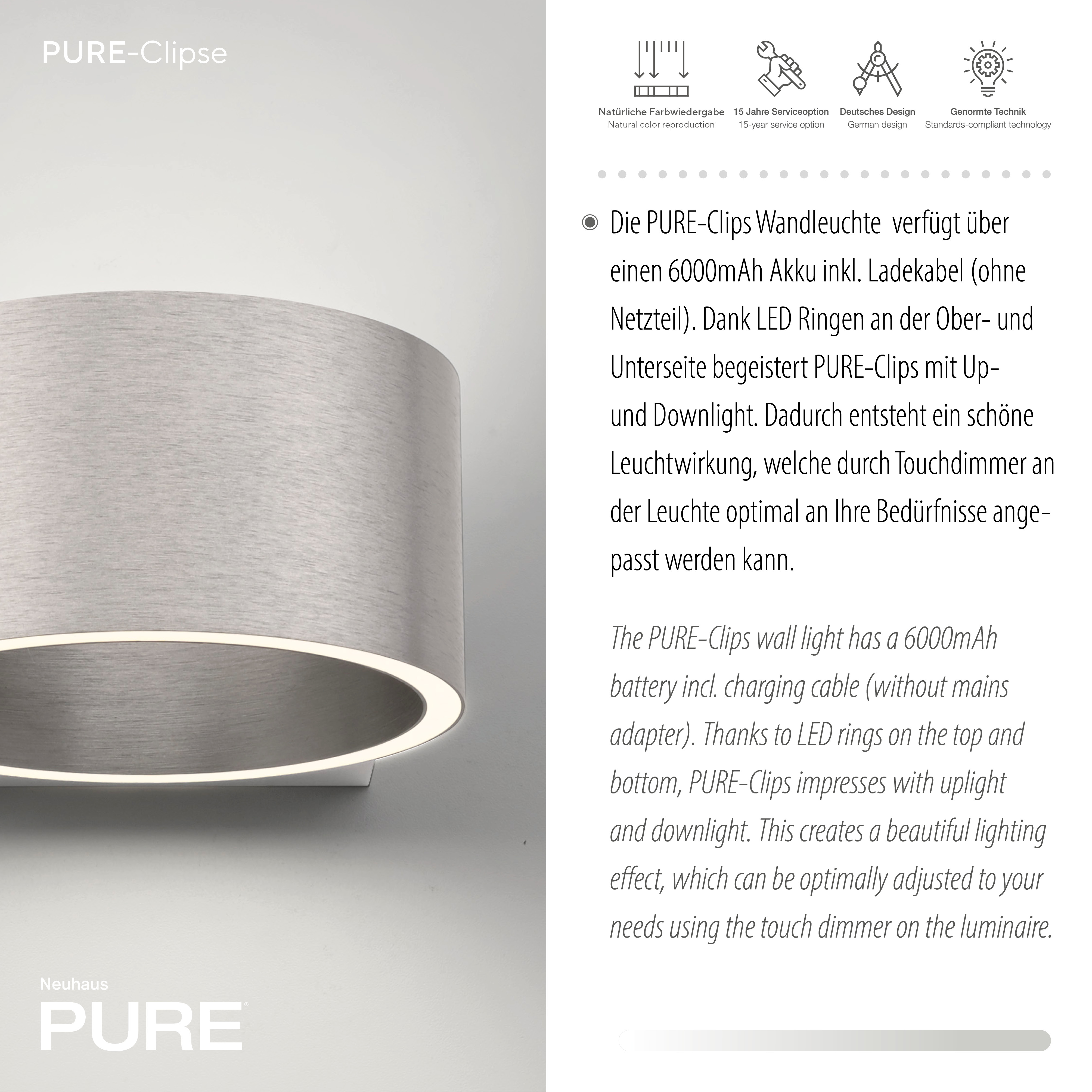 Wandleuchte PURE Clipse - aluminium, Akku, inkl. USB-Kabel