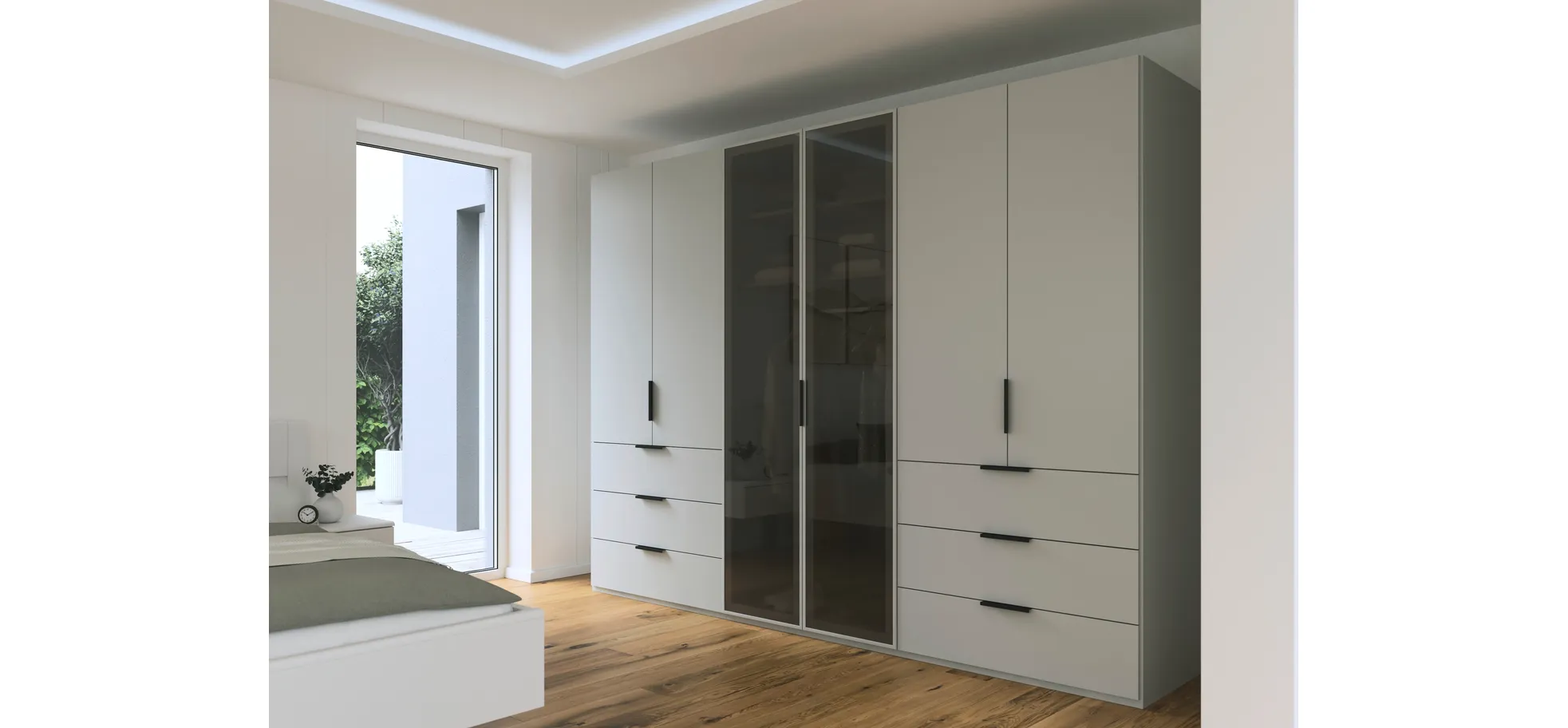 Drehtürenschrank - B. ca. 300 cm, Seidengrau Dekor, Glasrahmentüren Schwarz