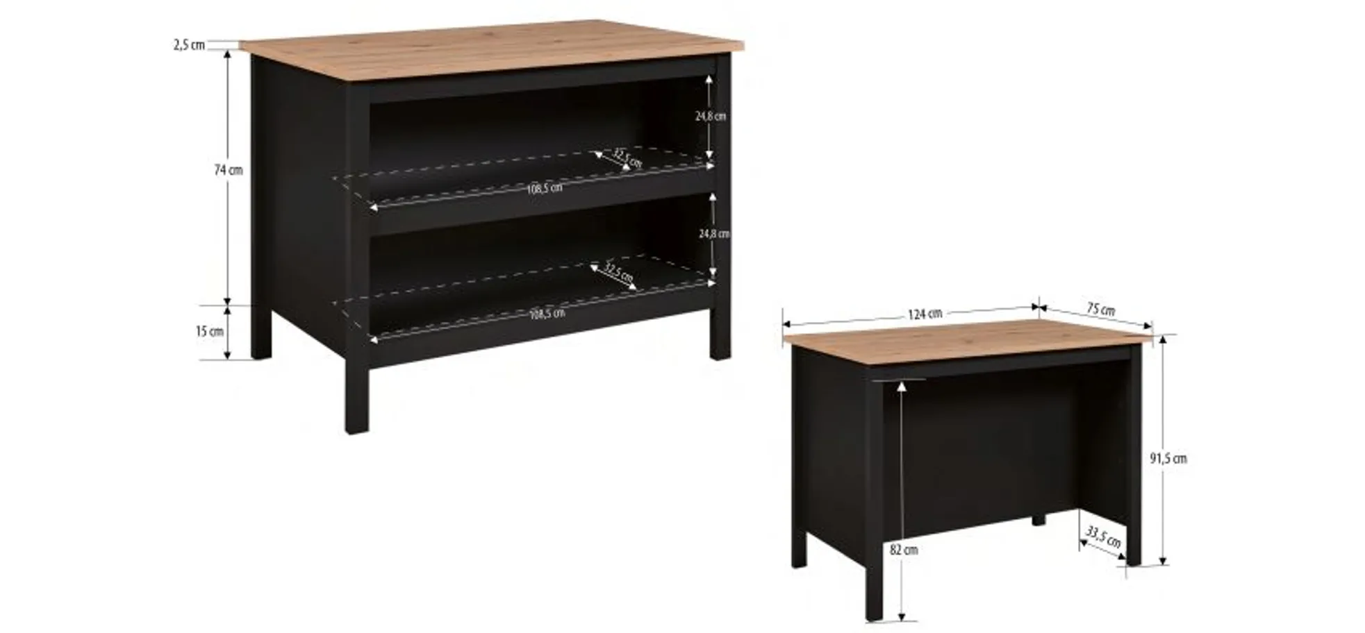 Bartisch - LB ca. 124x75 cm, Schwarz, Artisan Eiche Nachbildung