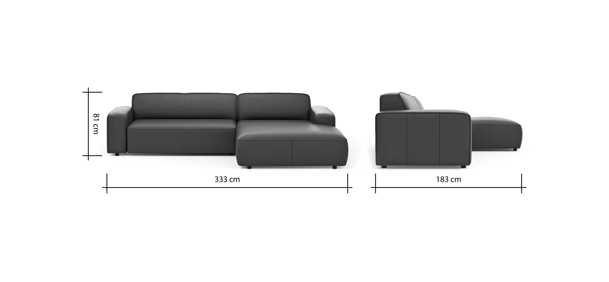 Ecksofa Denver - 2,5-Sitzer mit Longchair rechts, groß, Leder, Mocca