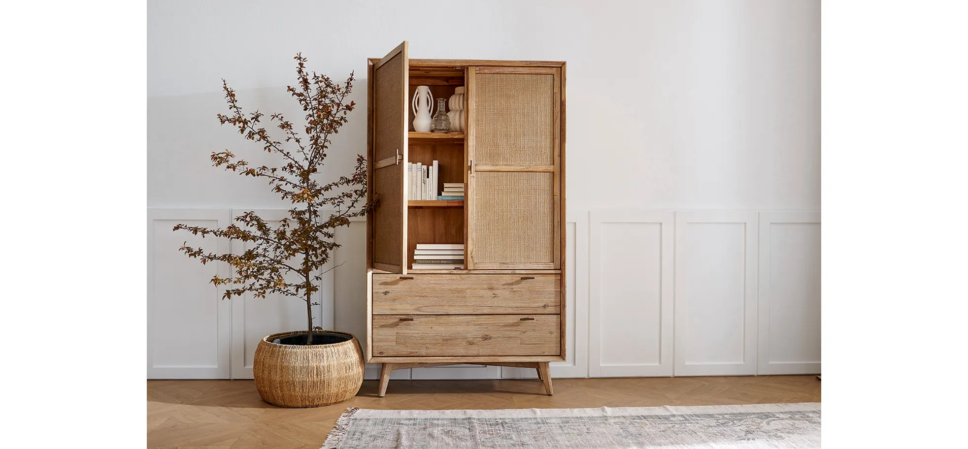 Highboard Falmouth - Akazie / Front, Rattangeflecht