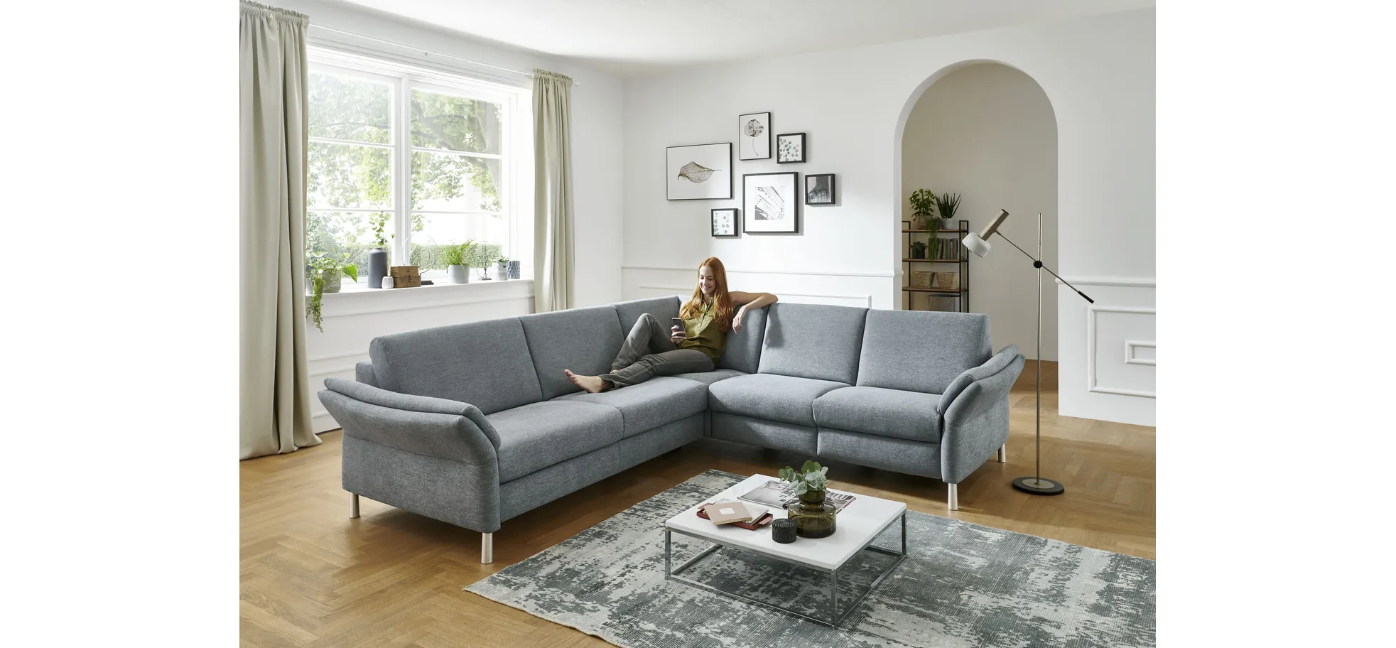  Ecksofa - 3-Sitzer mit Ecke rechts,Stoff, Hellblau