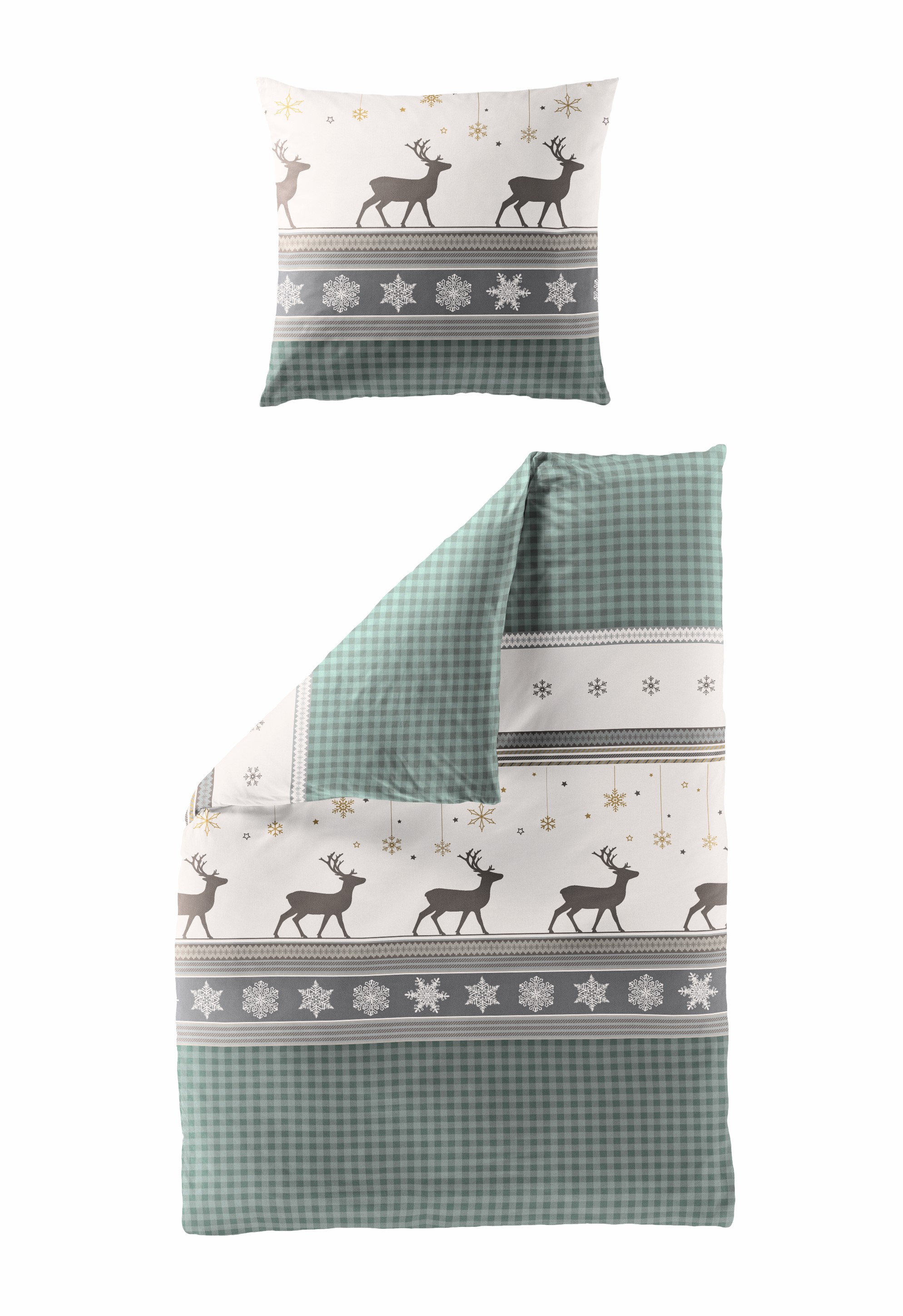 Bettwäsche Hirsch, 135x200cm - feinbiber, 100% baumwolle, grau/jade
