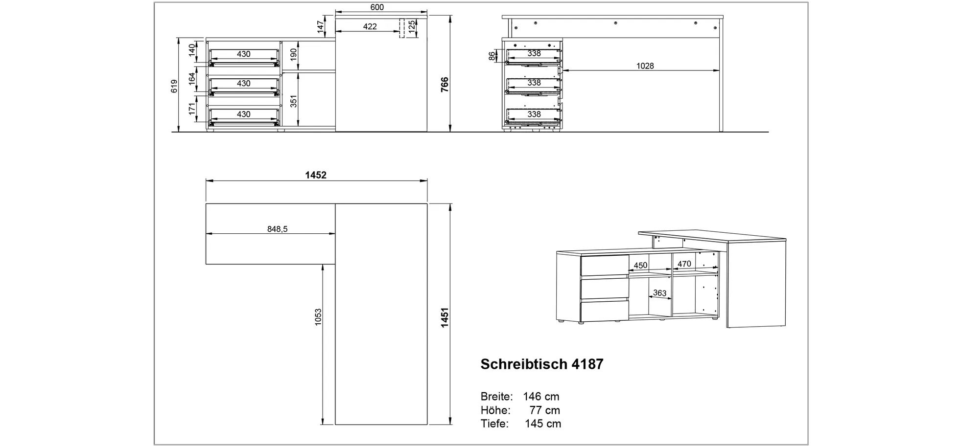 Winkelschreibtisch GRIFFIN - LB ca. 146x145 cm, Eiche Nachbildung, Graphit