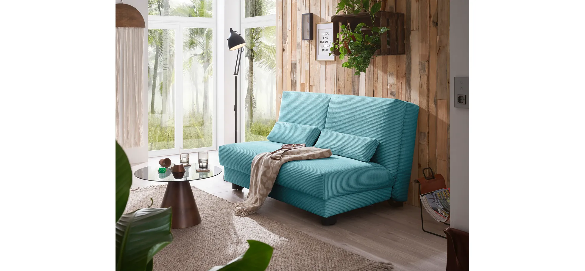  Schlafsofa EASY Optik A - 2-Sitzer ohne Armlehne, 140 cm inkl. Schlaffunktion, Cord, Türkis