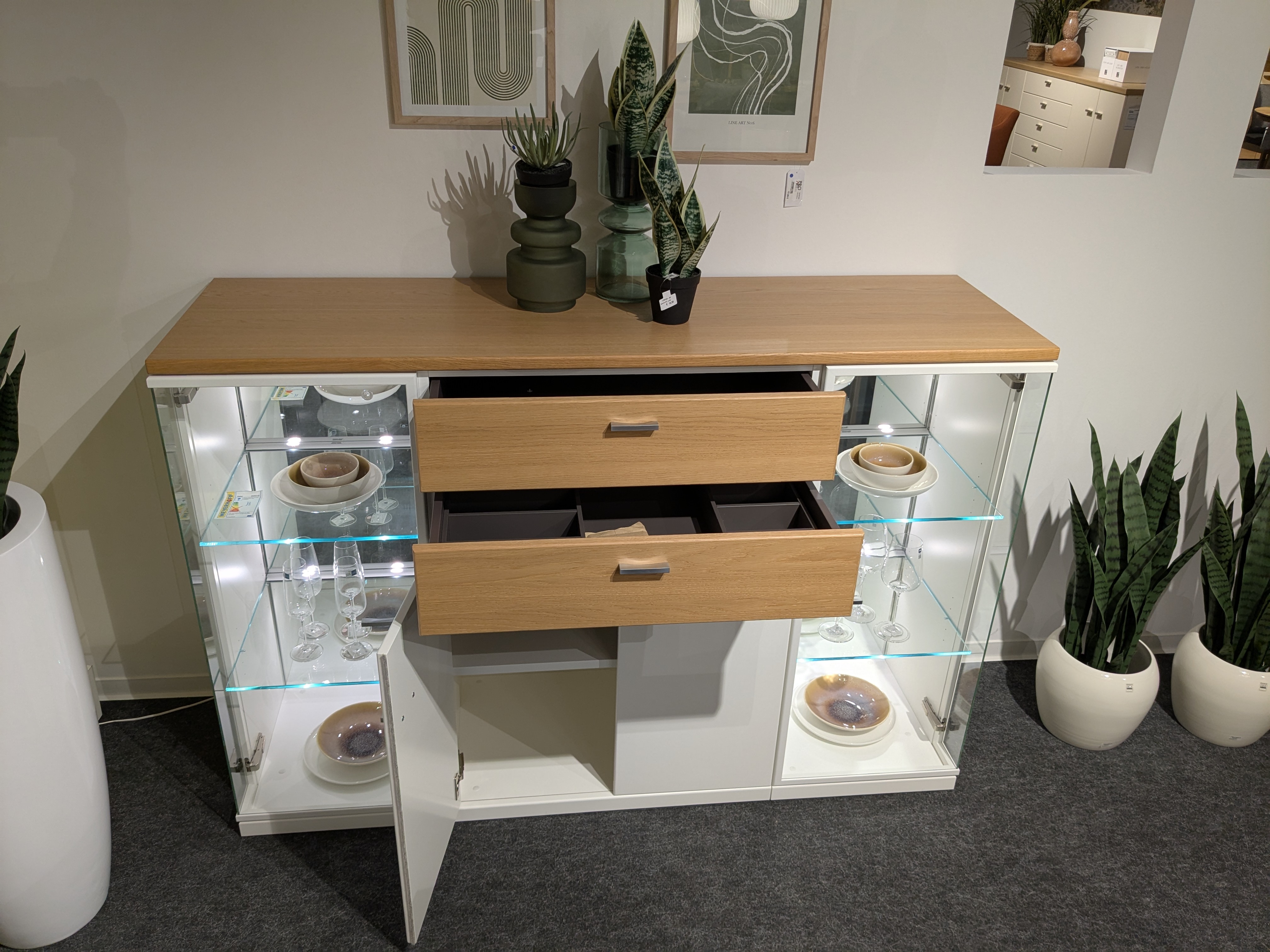 Highboard, Lack weiß / Eiche sand furniert - MANHATTEN