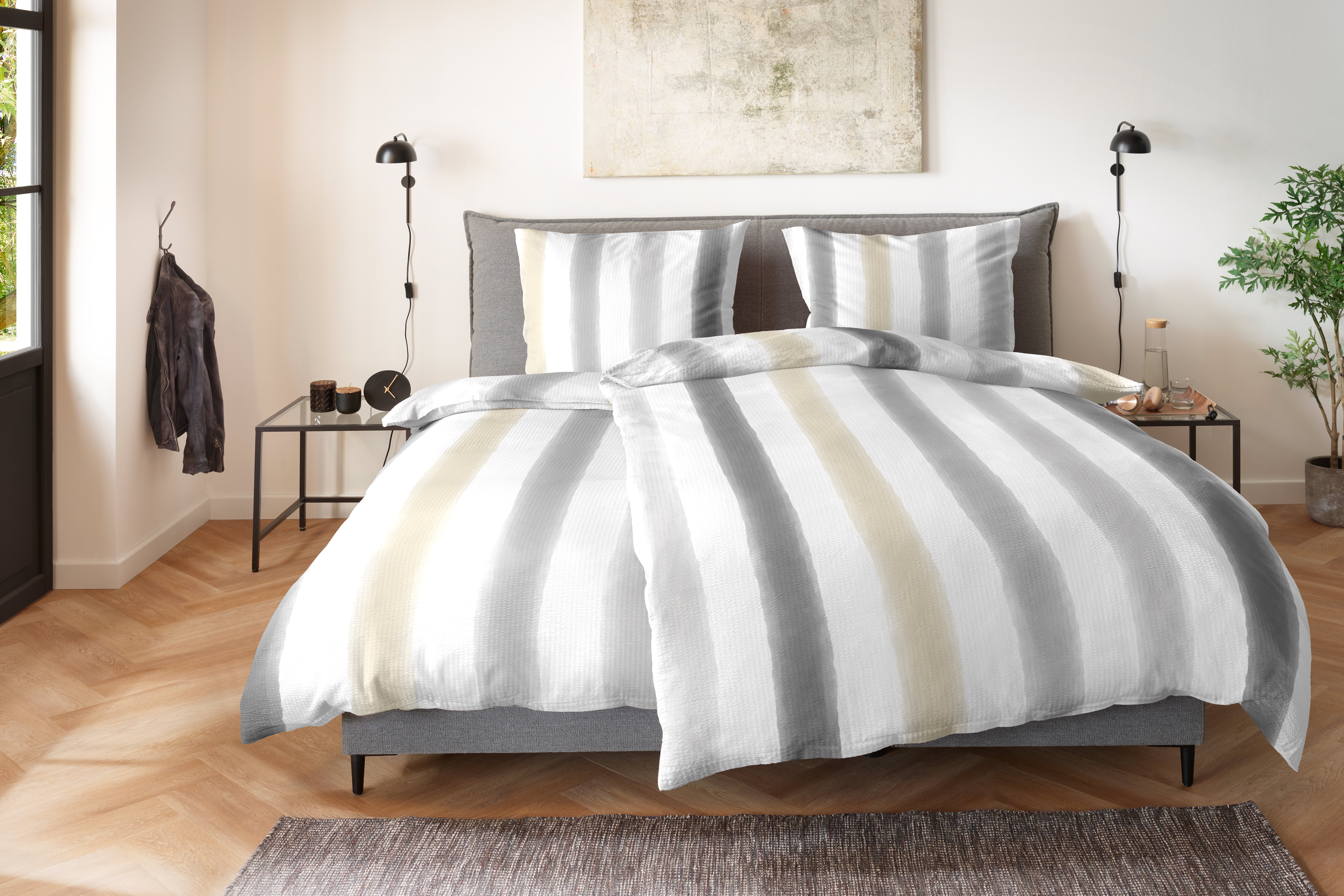 Baumwoll-Seersucker-Bettwäsche - 135x200cm, beige-grau, 100% Baumwolle