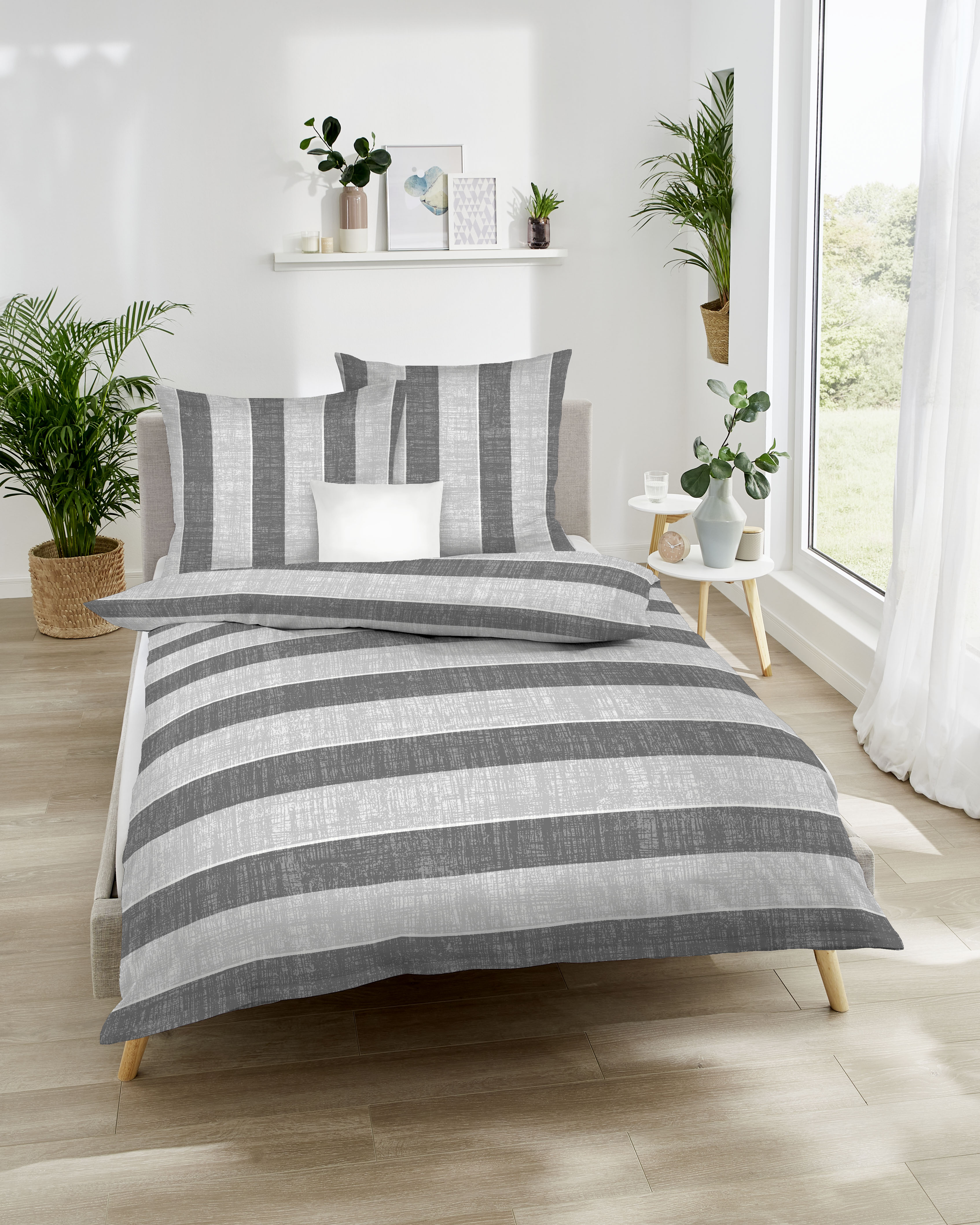 Feinbiber Bettwäsche College, 100 % Baumwolle - 155x220cm, grau/Streifen