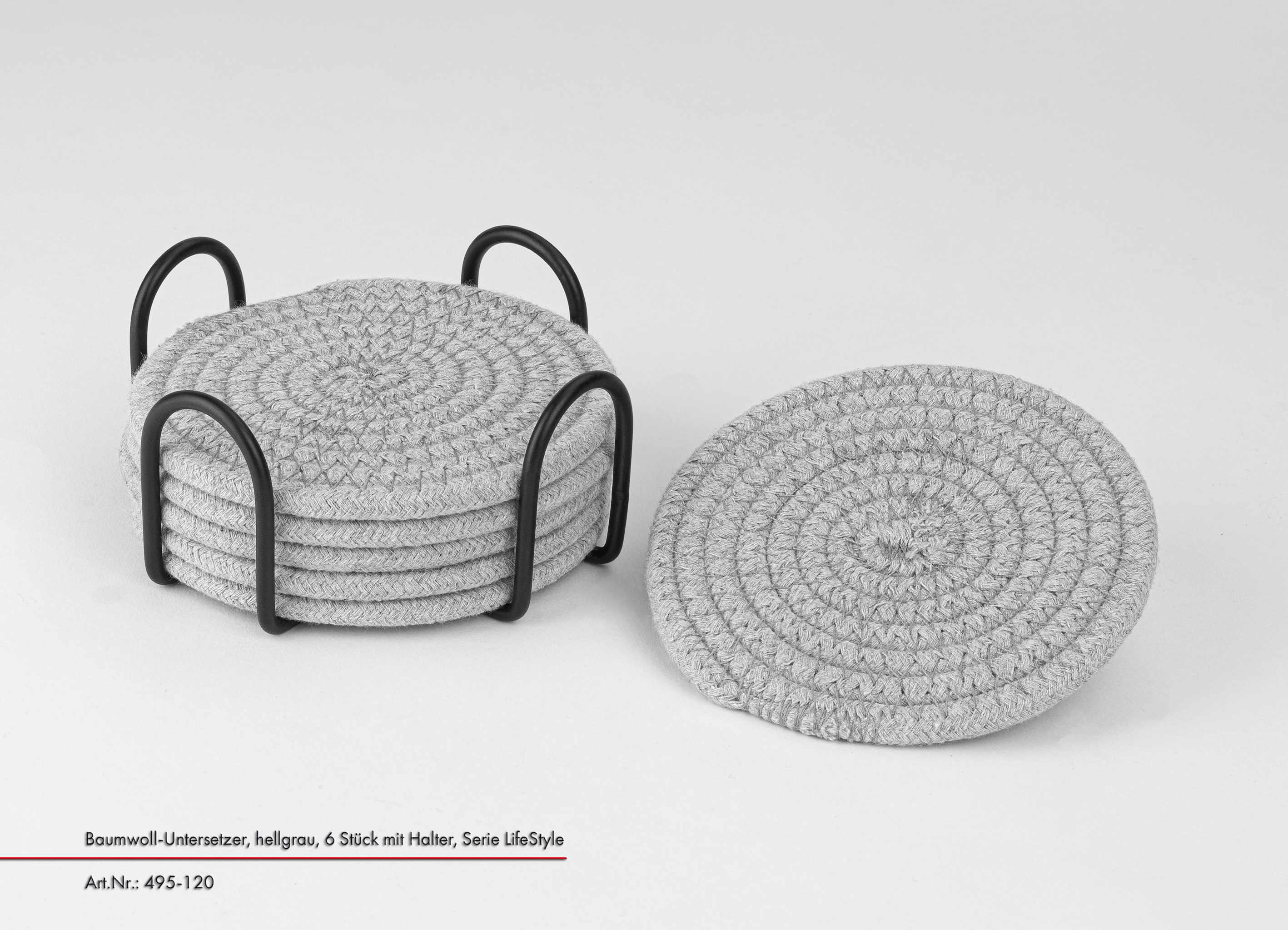 Untersetzer, 6-er Set - Baumwolle, hellgrau, mit Halter