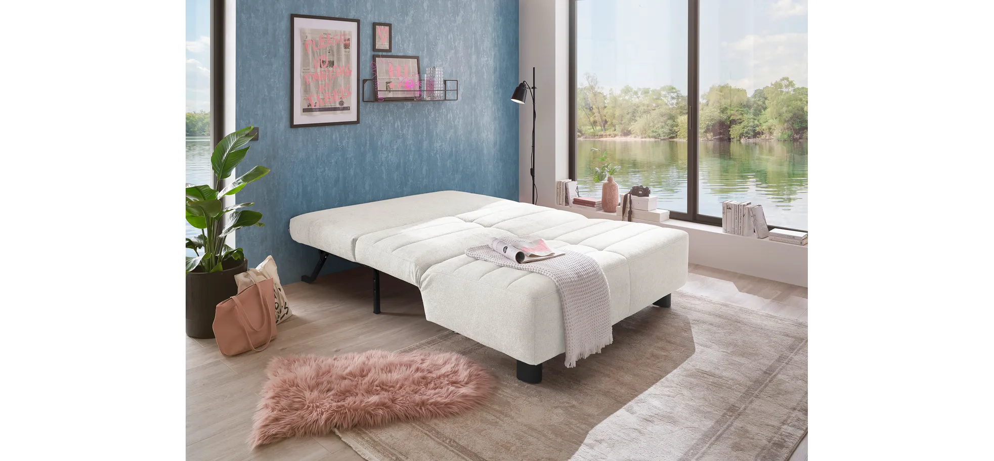  Faltsofa Easy - 2-Sitzer ohne Armlehne, ca. 140 cm inkl. Schlaffunktion, Stoff, Creme