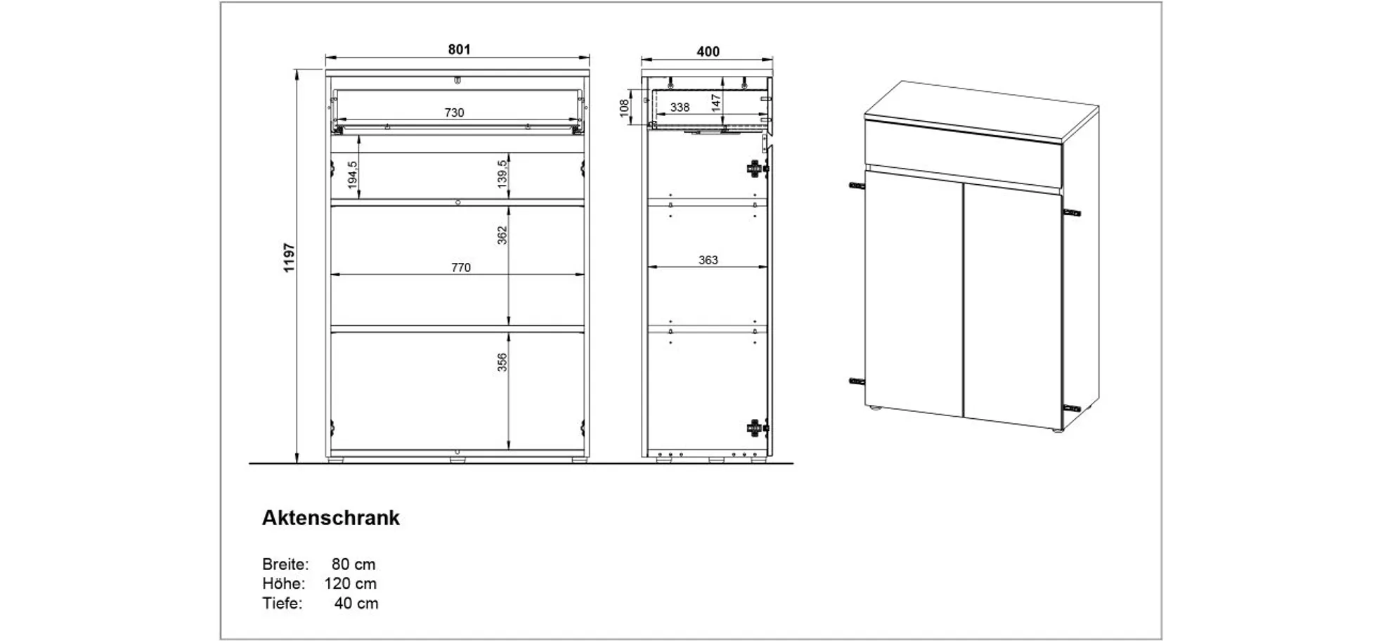 Aktenschrank GRIFFIN - B/H/T ca. 80x120x40 cm, Graphit, Eiche Dekor