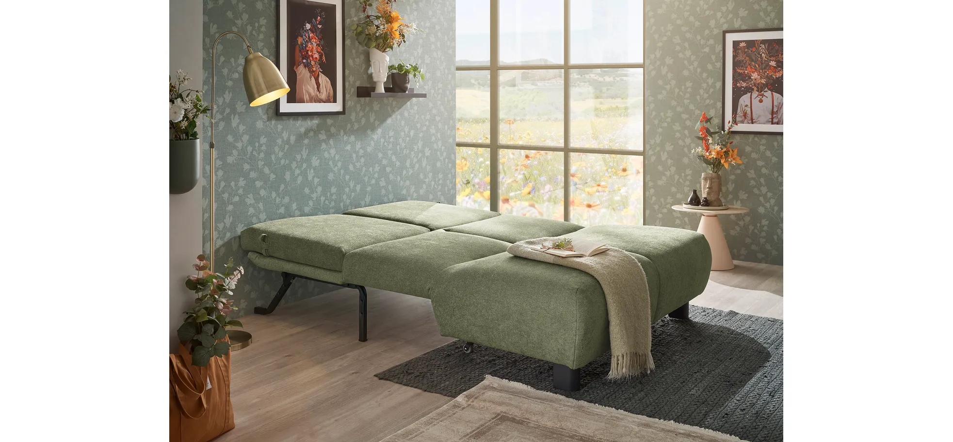  Faltsofa EBBY - 2-Sitzer ohne Armlehne, 140 cm inkl. Schlaffunktion/Relaxfunktion, Stoff, Grün
